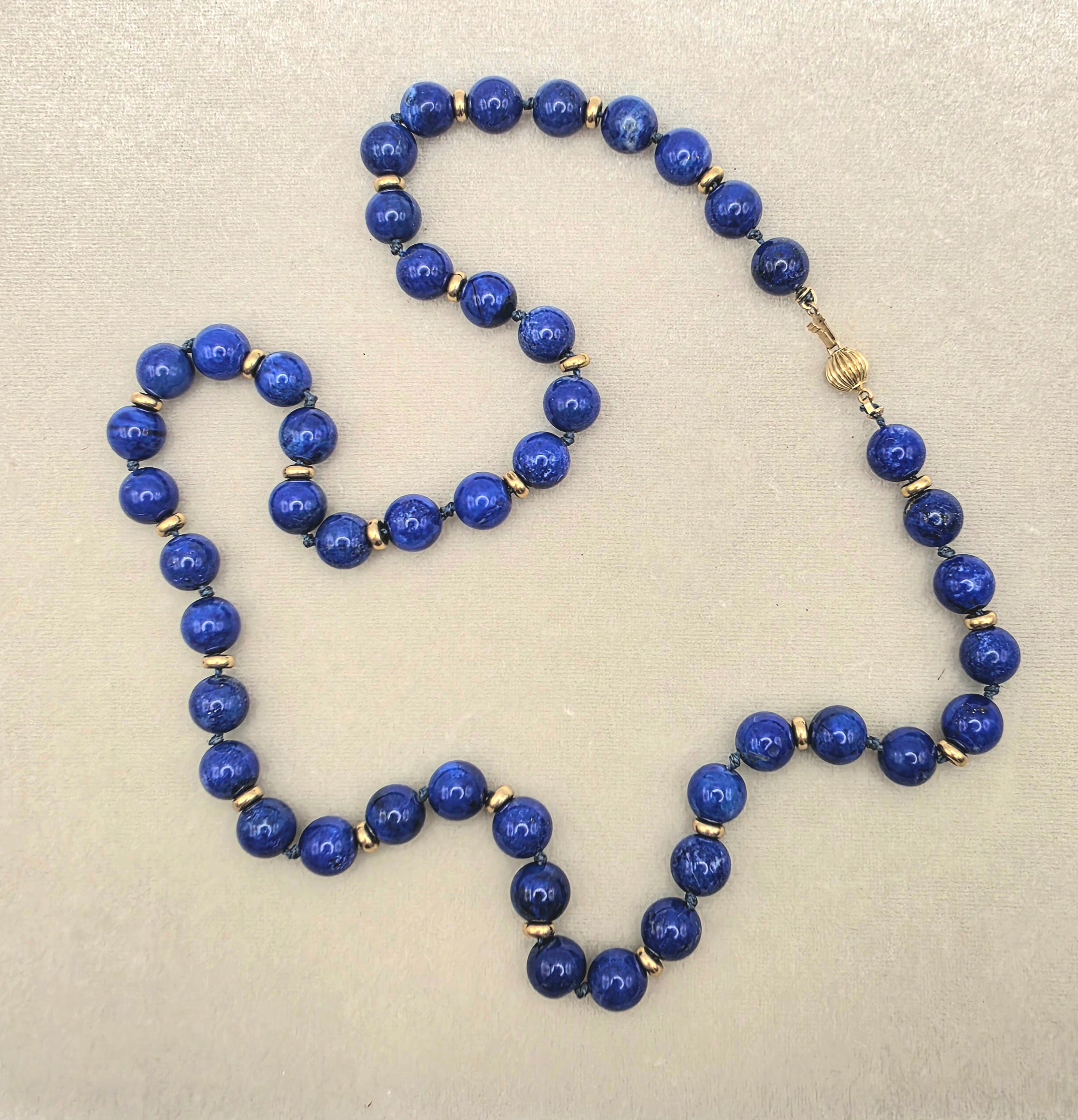 Vintage 14k Gold & Natural Lapis Lazuli Bead Necklace, 19" Estate Jewelry
