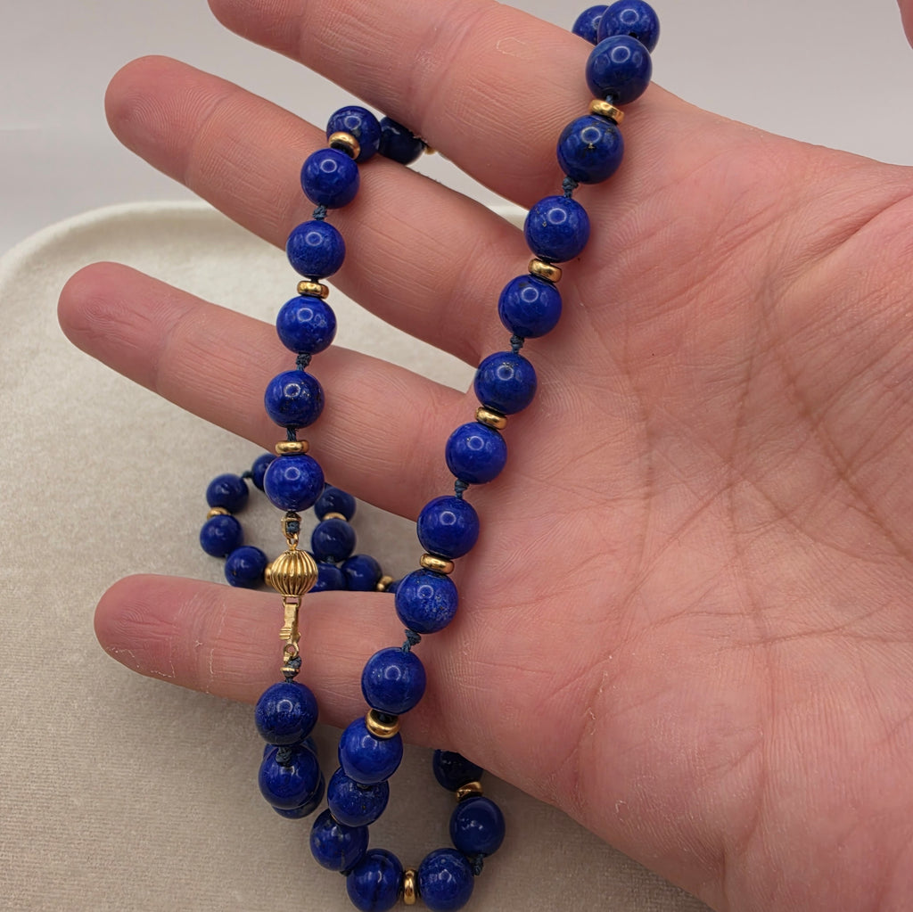 Vintage 14k Gold & Natural Lapis Lazuli Bead Necklace, 19" Estate Jewelry