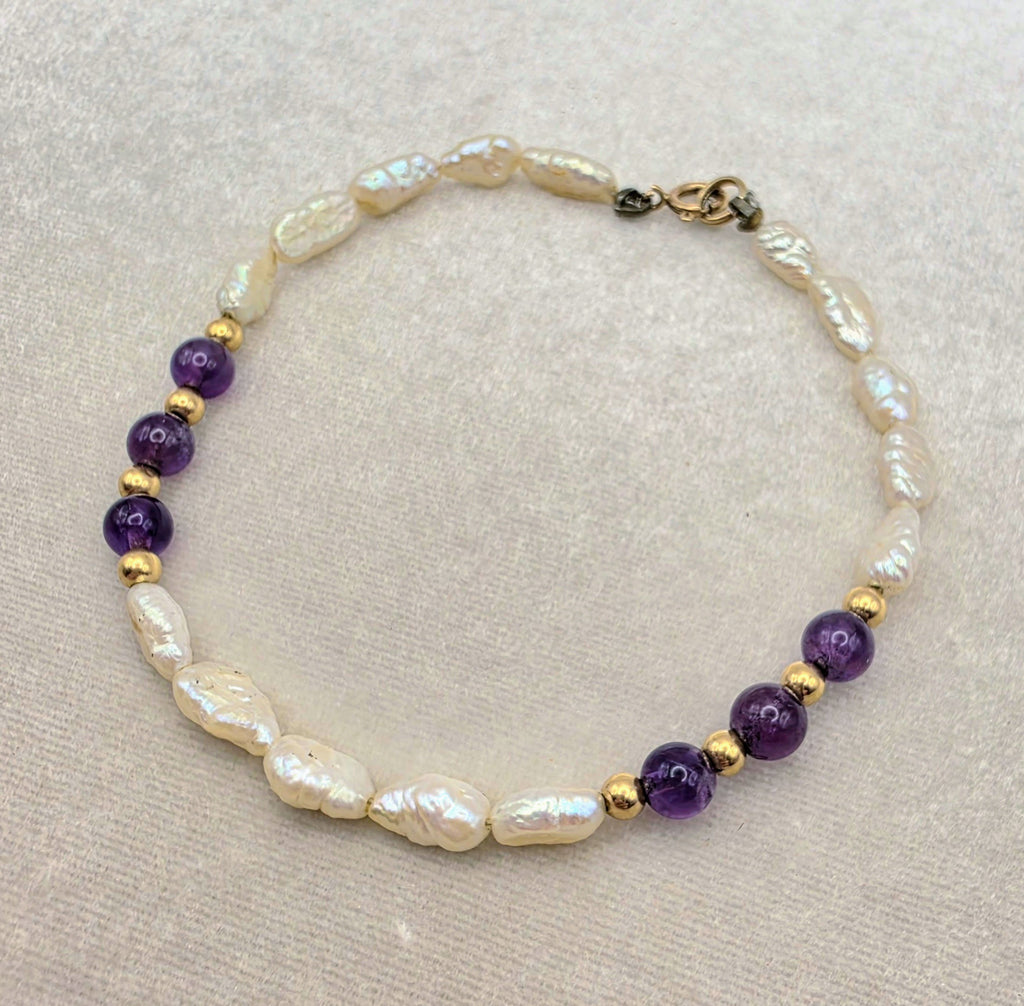 Vintage Baroque Freshwater Pearl, Amethyst, & 14K Gold Bracelet 7"