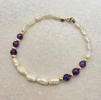 Vintage Baroque Freshwater Pearl, Amethyst, & 14K Gold Bracelet 7"