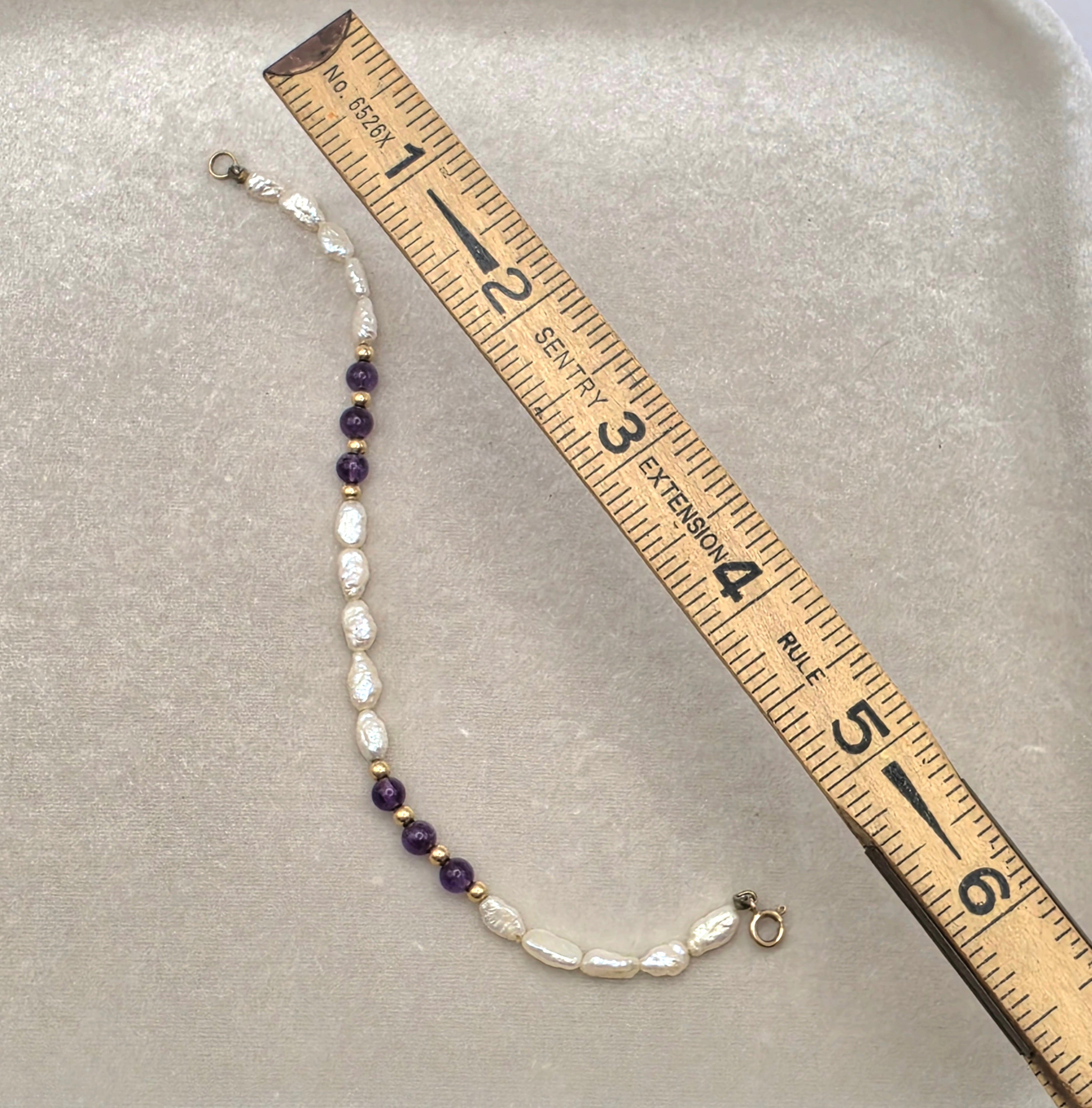 Vintage Baroque Freshwater Pearl, Amethyst, & 14K Gold Bracelet 7"