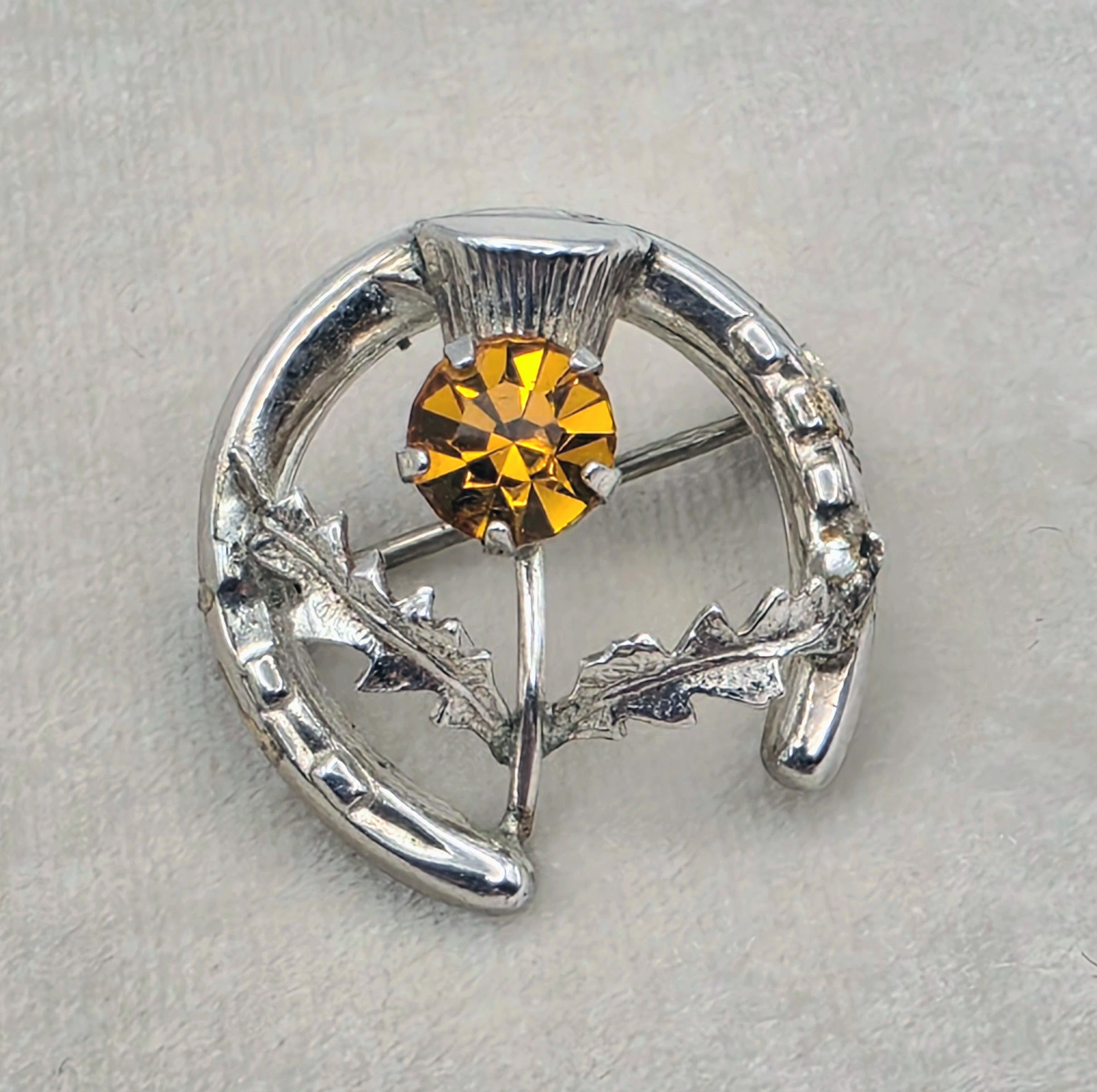 Vintage Ward Brothers Sterling Silver Thistle Brooch & Amber Glass Brooch