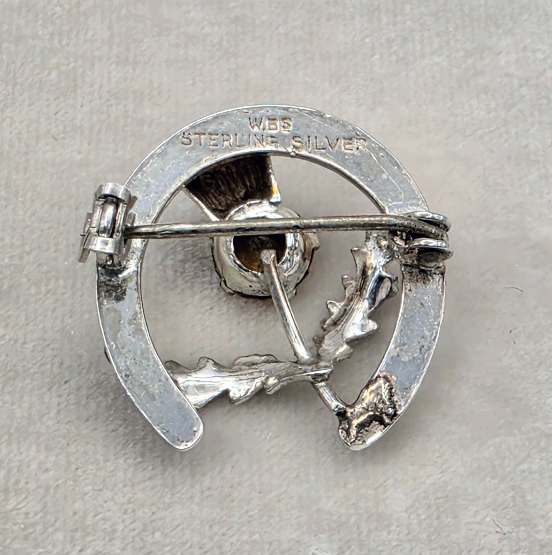 Vintage Ward Brothers Sterling Silver Thistle Brooch & Amber Glass Brooch