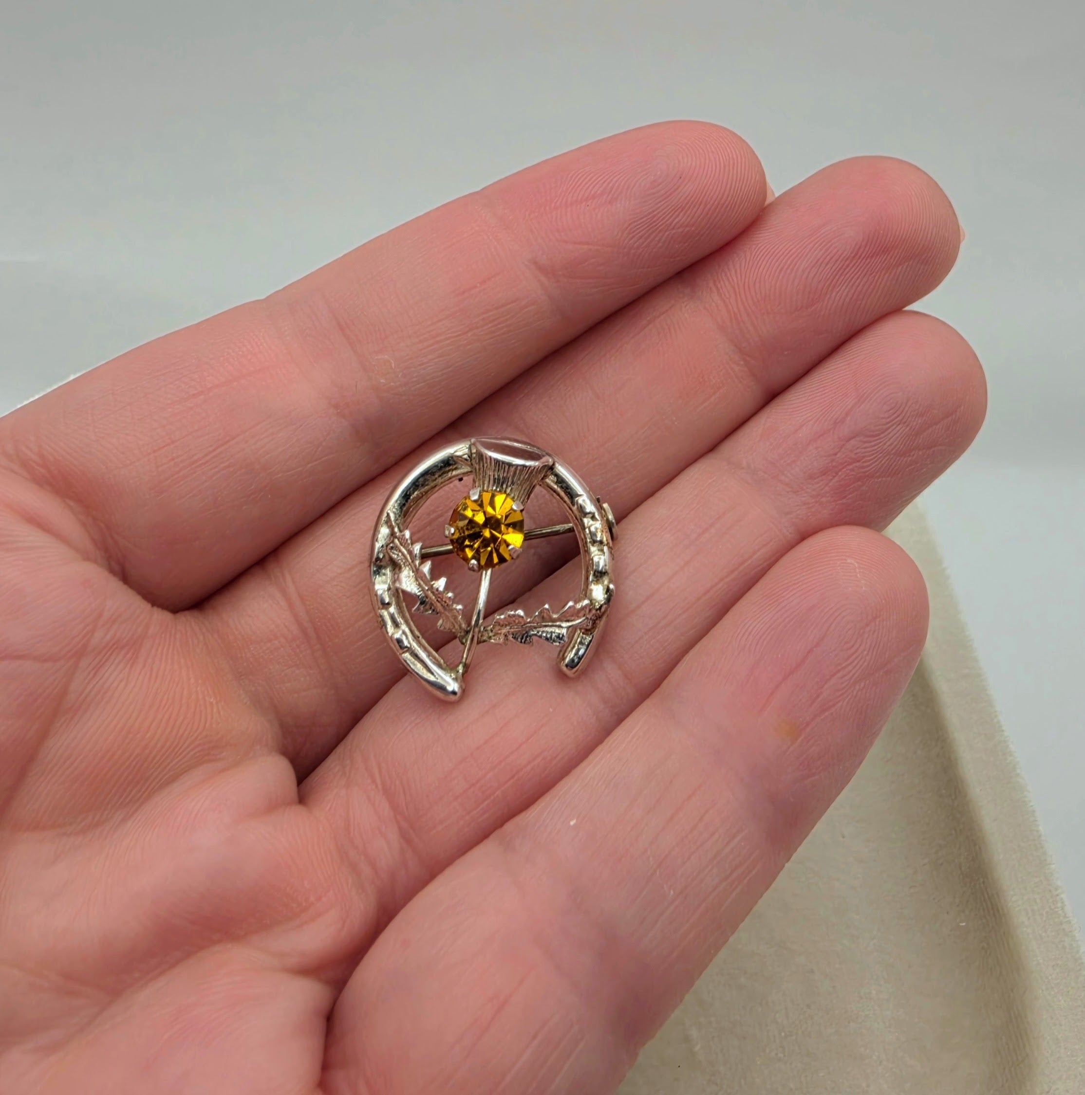 Vintage Ward Brothers Sterling Silver Thistle Brooch & Amber Glass Brooch