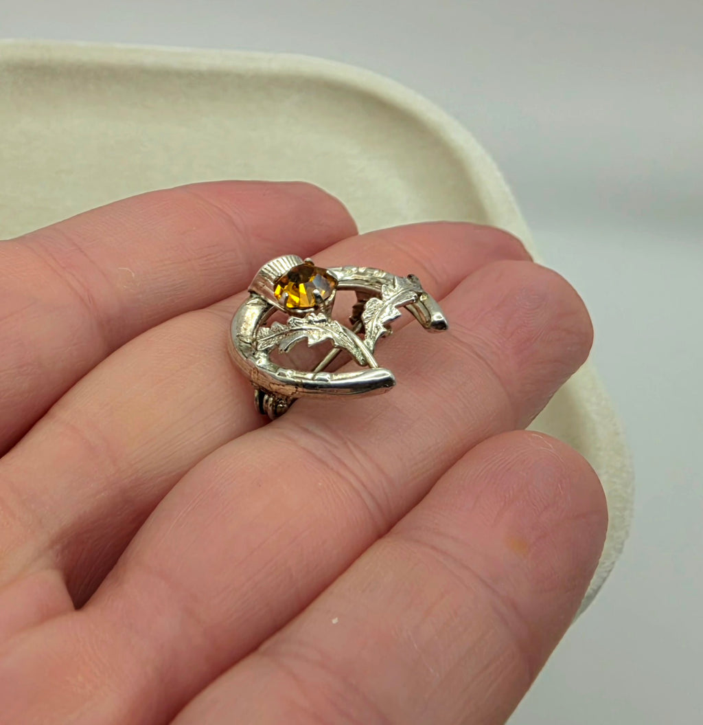 Vintage Ward Brothers Sterling Silver Thistle Brooch & Amber Glass Brooch