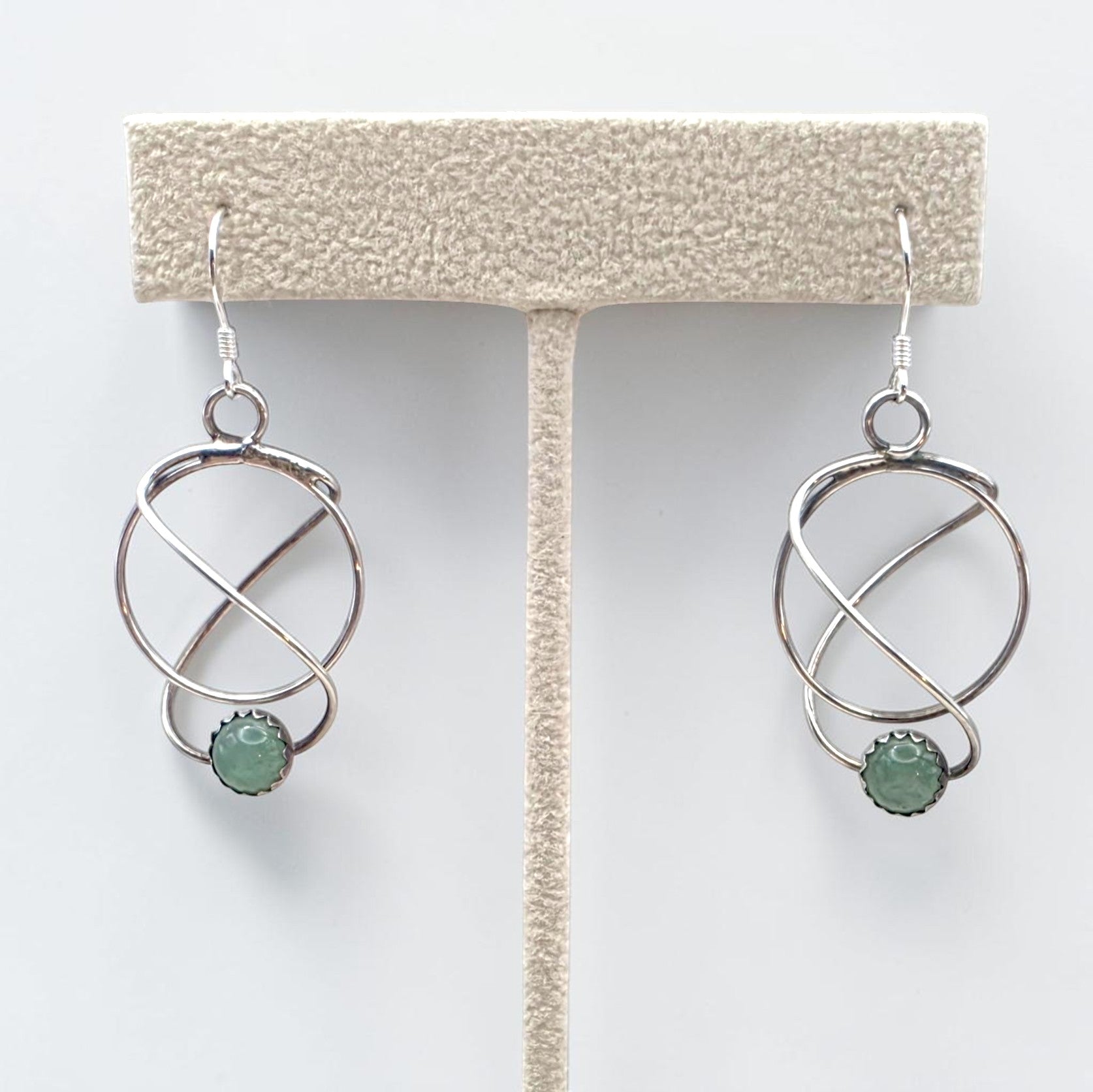 Vintage Sterling Nephrite Jade Modernist Geometric Dangle Earrings