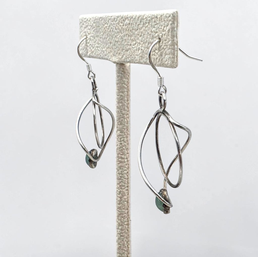 Vintage Sterling Nephrite Jade Modernist Geometric Dangle Earrings