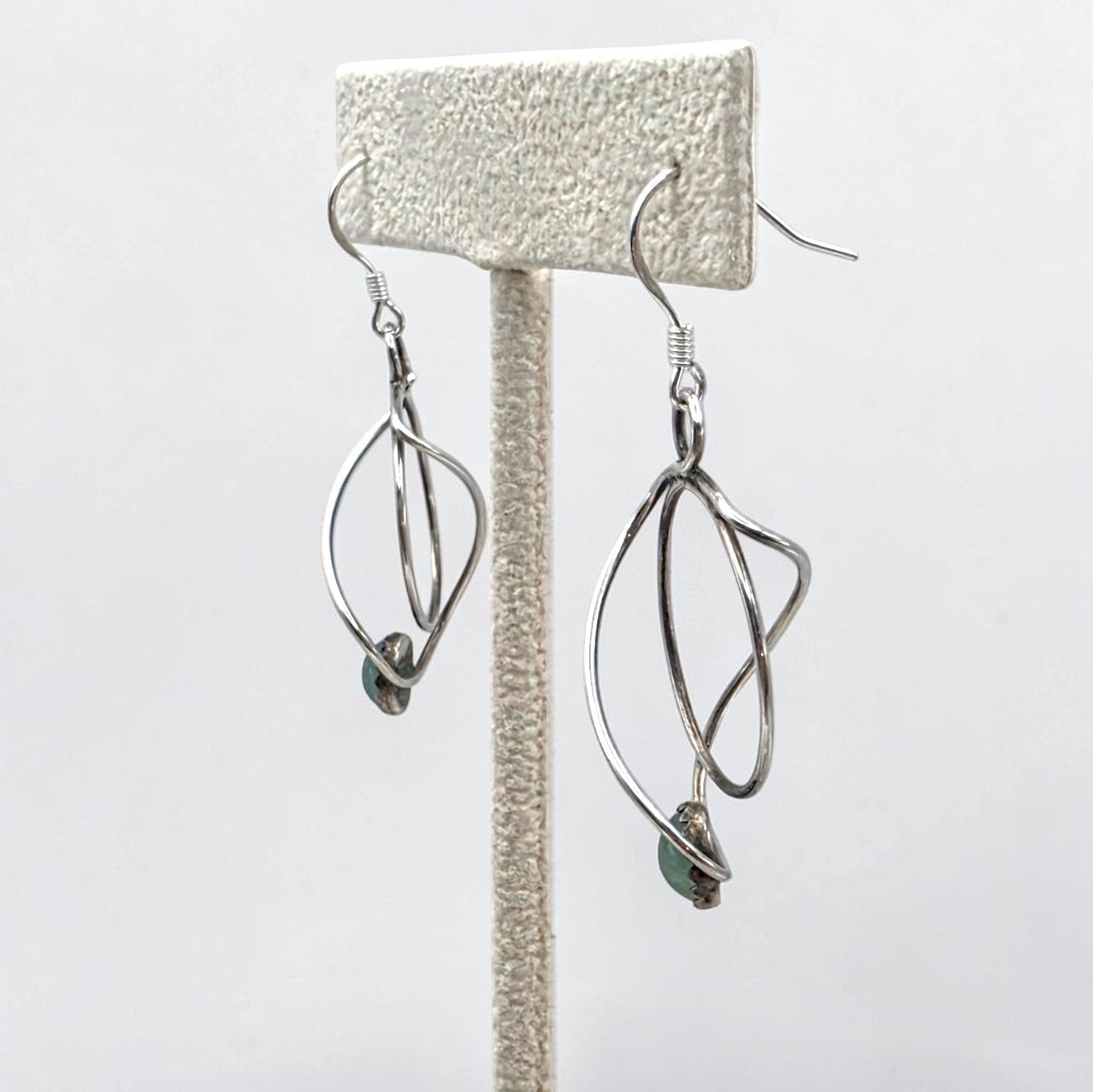 Vintage Sterling Nephrite Jade Modernist Geometric Dangle Earrings