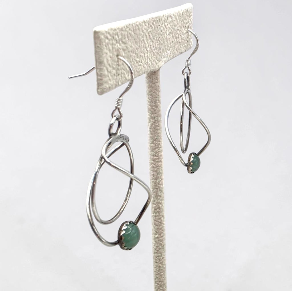 Vintage Sterling Nephrite Jade Modernist Geometric Dangle Earrings