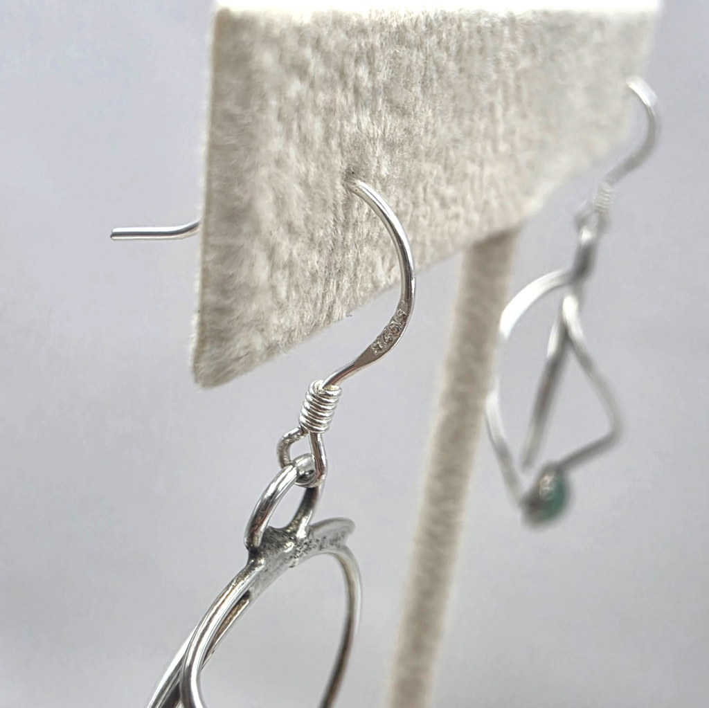 Vintage Sterling Nephrite Jade Modernist Geometric Dangle Earrings