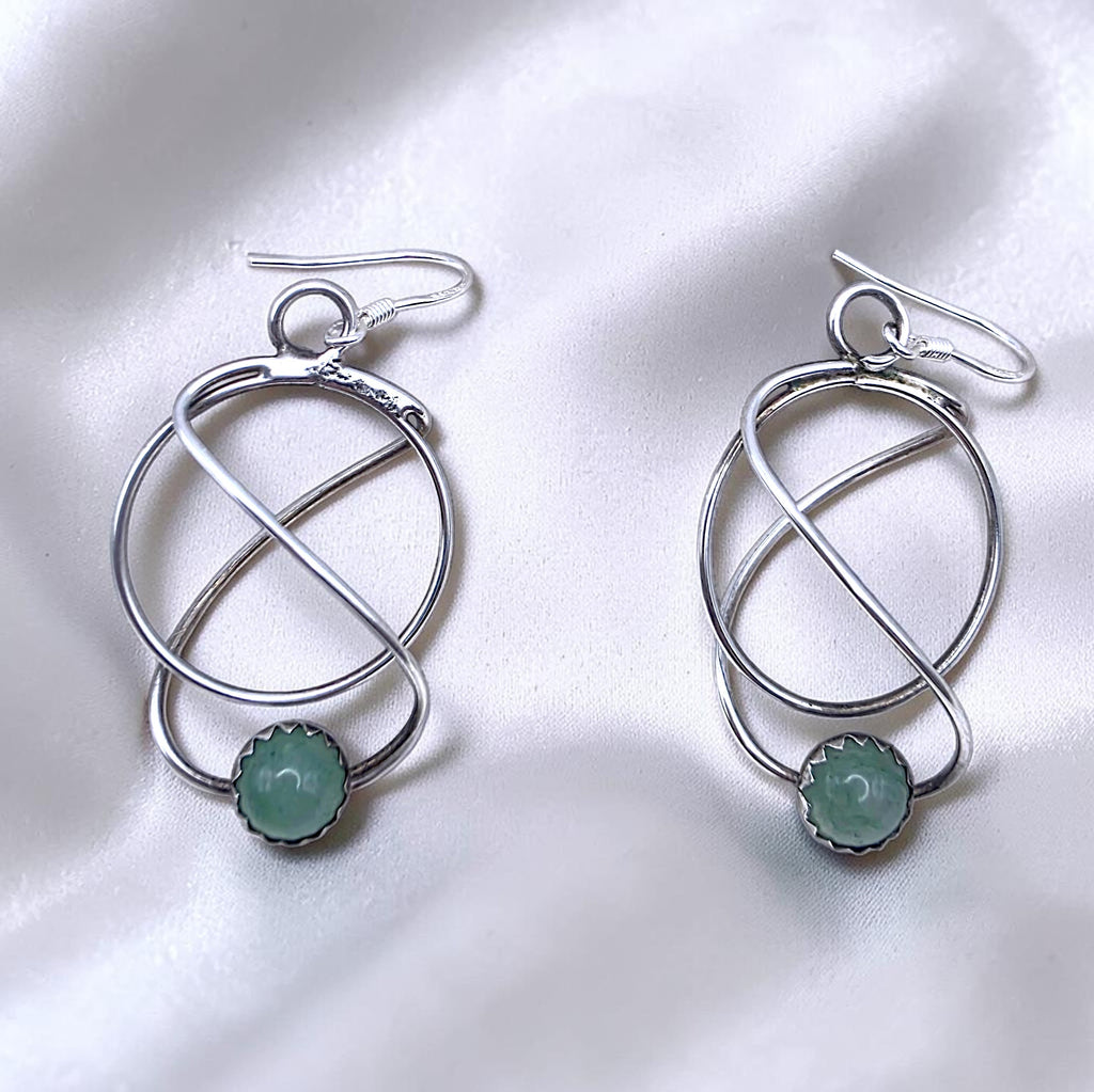 Vintage Sterling Nephrite Jade Modernist Geometric Dangle Earrings