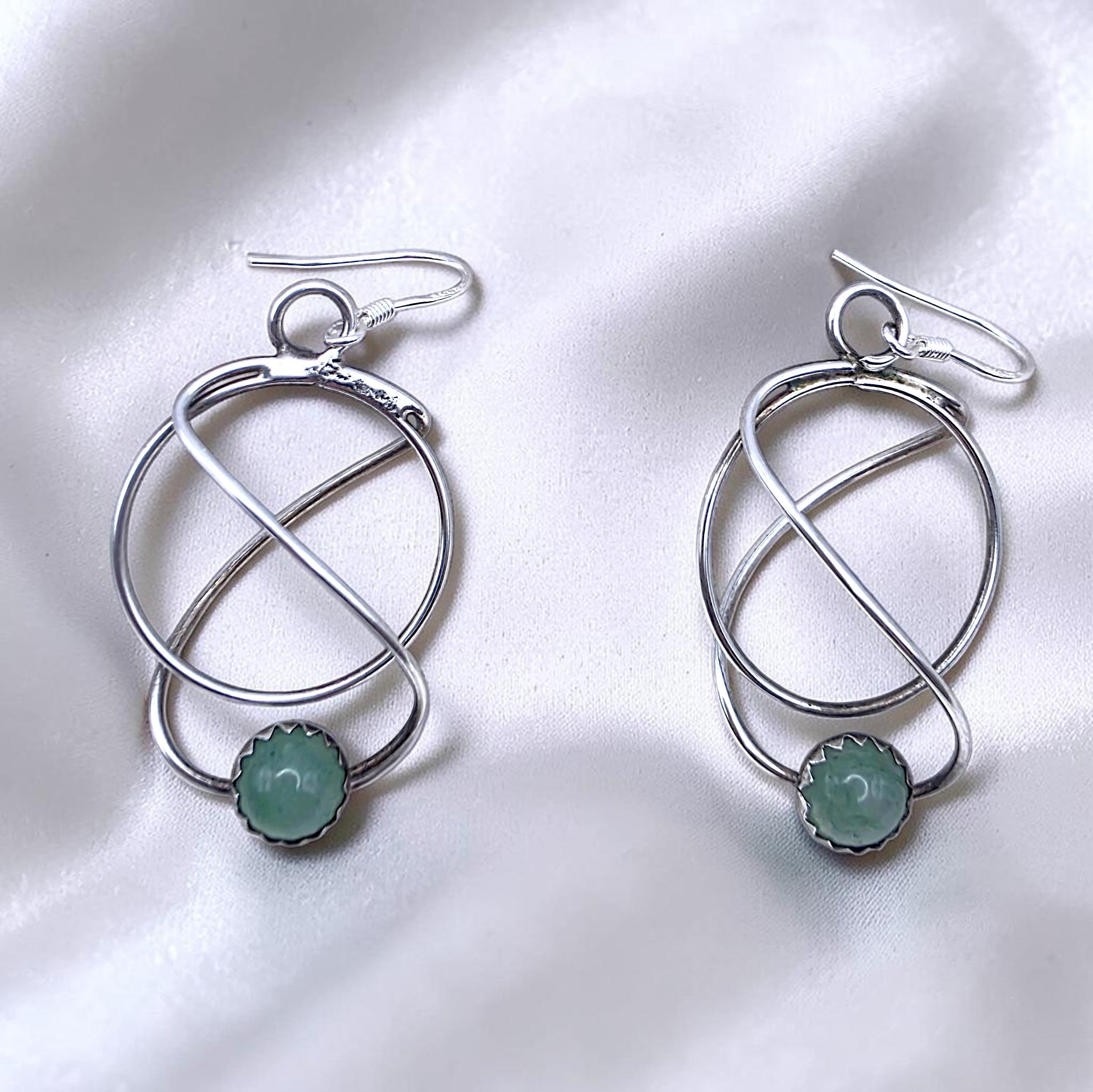 Vintage Sterling Nephrite Jade Modernist Geometric Dangle Earrings