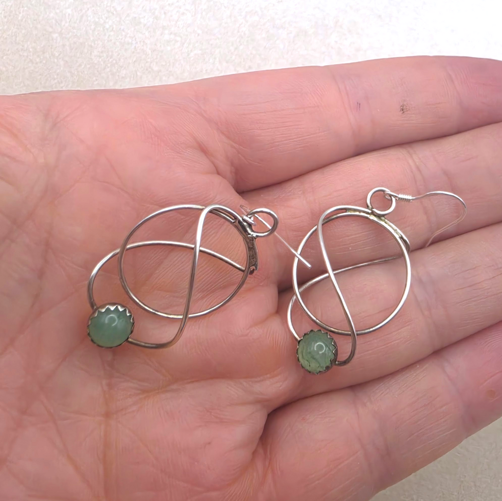 Vintage Sterling Nephrite Jade Modernist Geometric Dangle Earrings