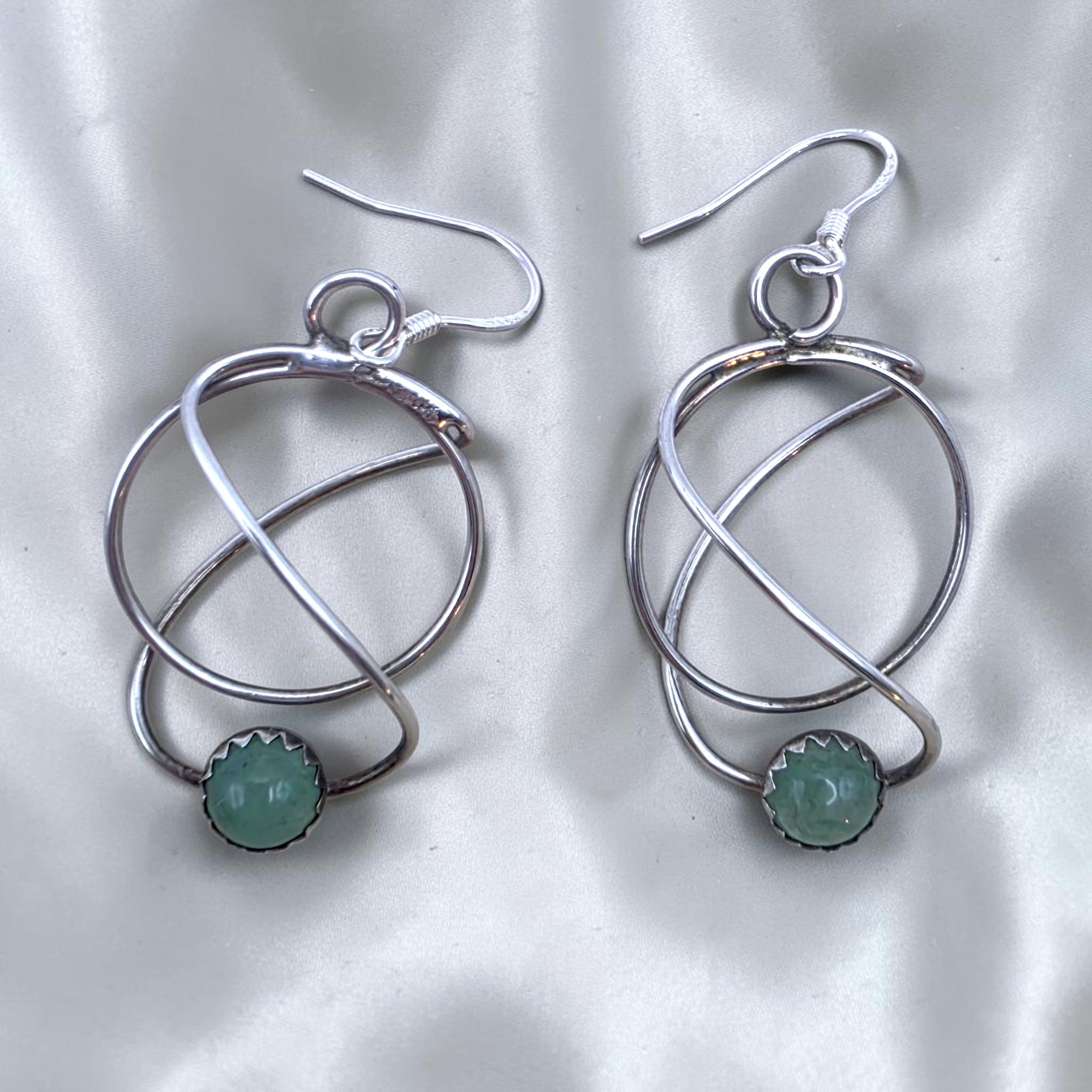 Vintage Sterling Nephrite Jade Modernist Geometric Dangle Earrings