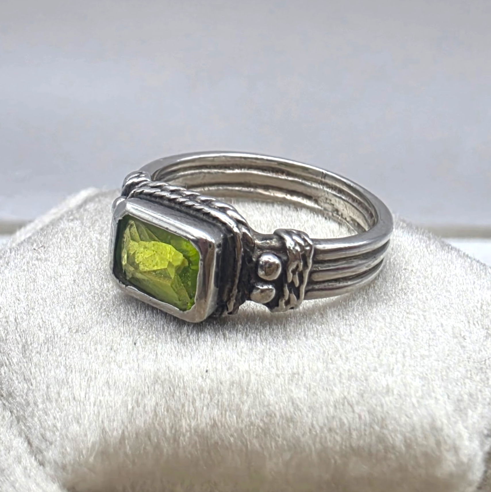 Vintage Sterling Silver Peridot Ring Emerald Cut Green Stone Ring Size 5