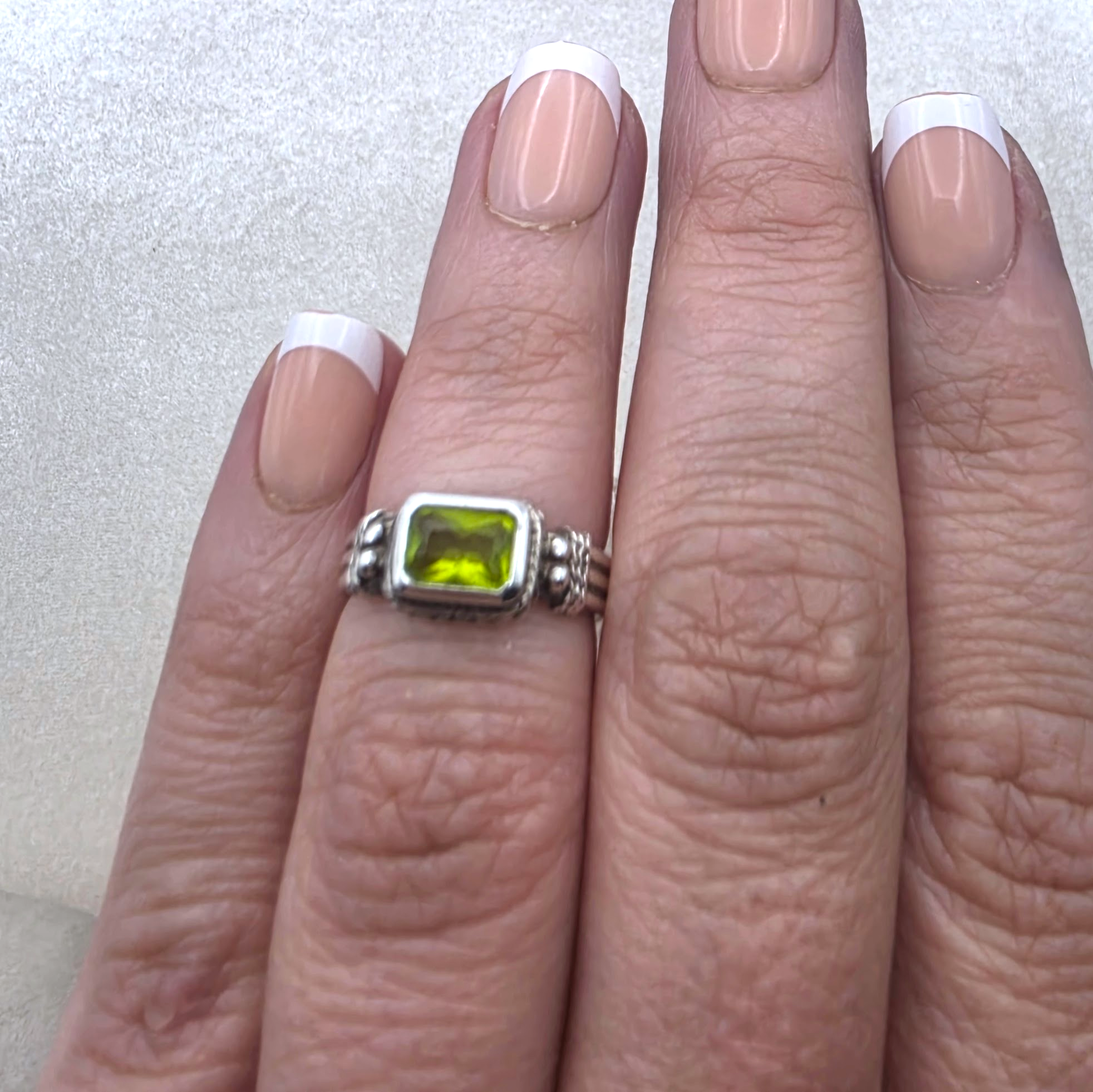 Vintage Sterling Silver Peridot Ring Emerald Cut Green Stone Ring Size 5