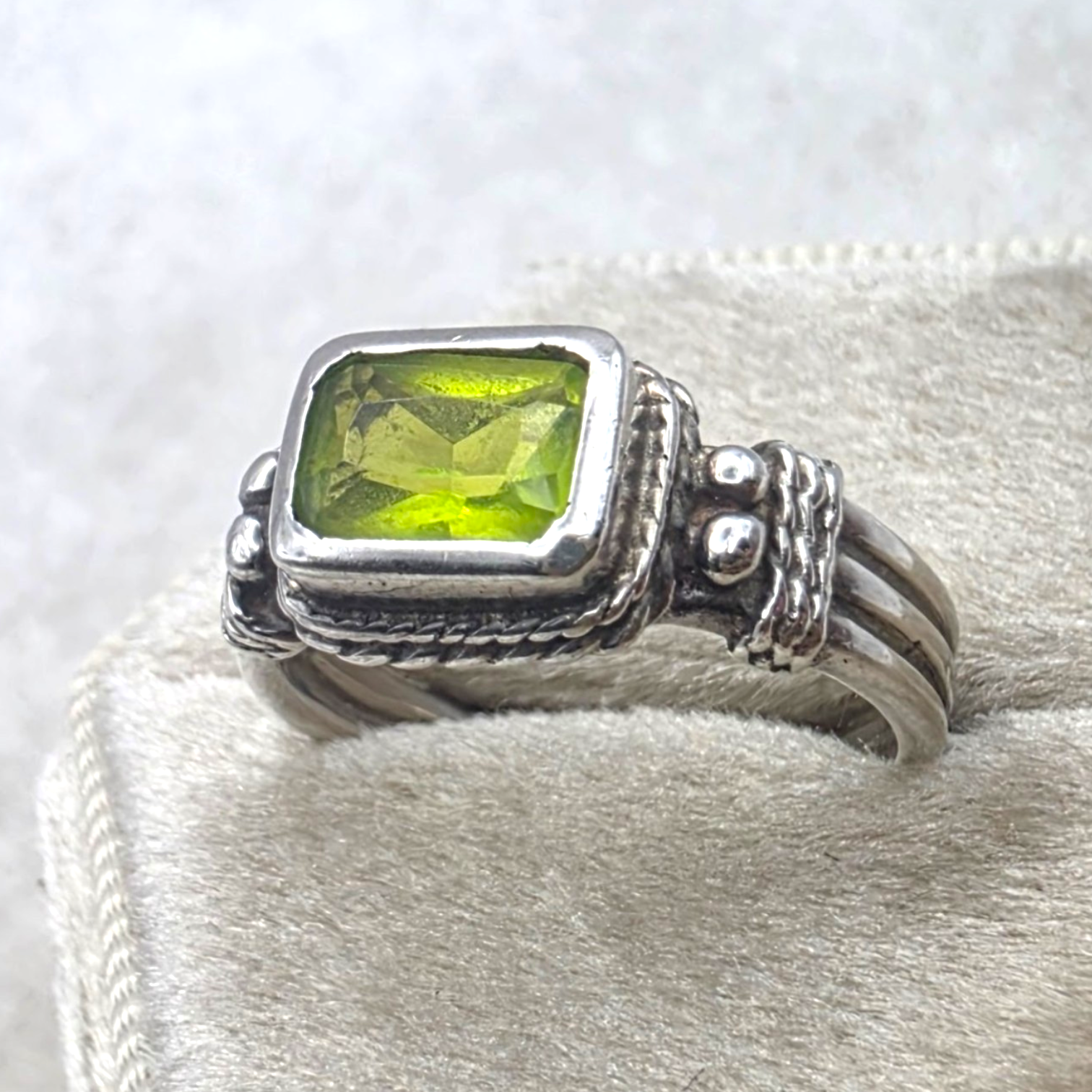 Vintage Sterling Silver Peridot Ring Emerald Cut Green Stone Ring Size 5