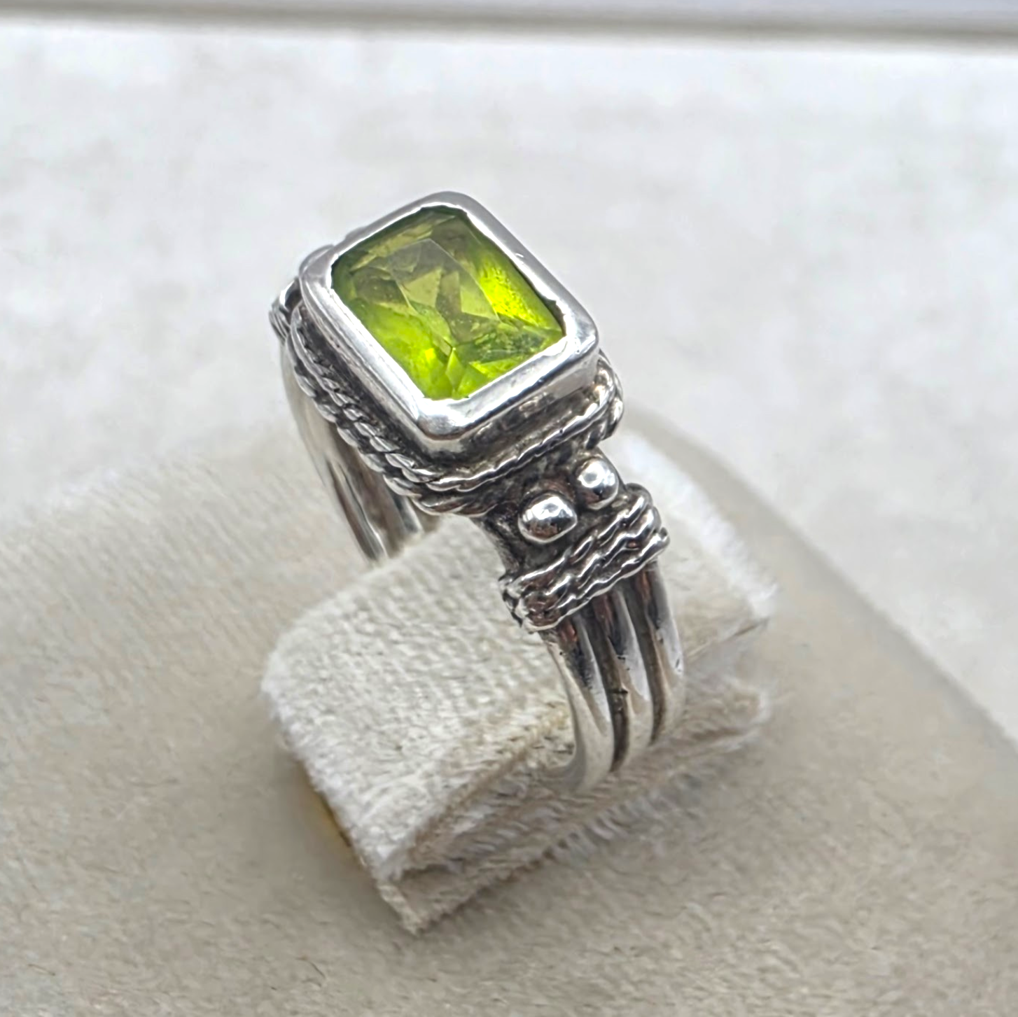 Vintage Sterling Silver Peridot Ring Emerald Cut Green Stone Ring Size 5