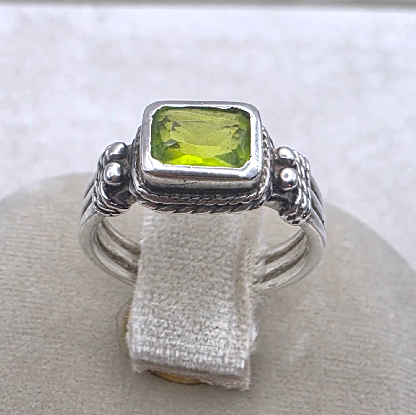 Vintage Sterling Silver Peridot Ring Emerald Cut Green Stone Ring Size 5