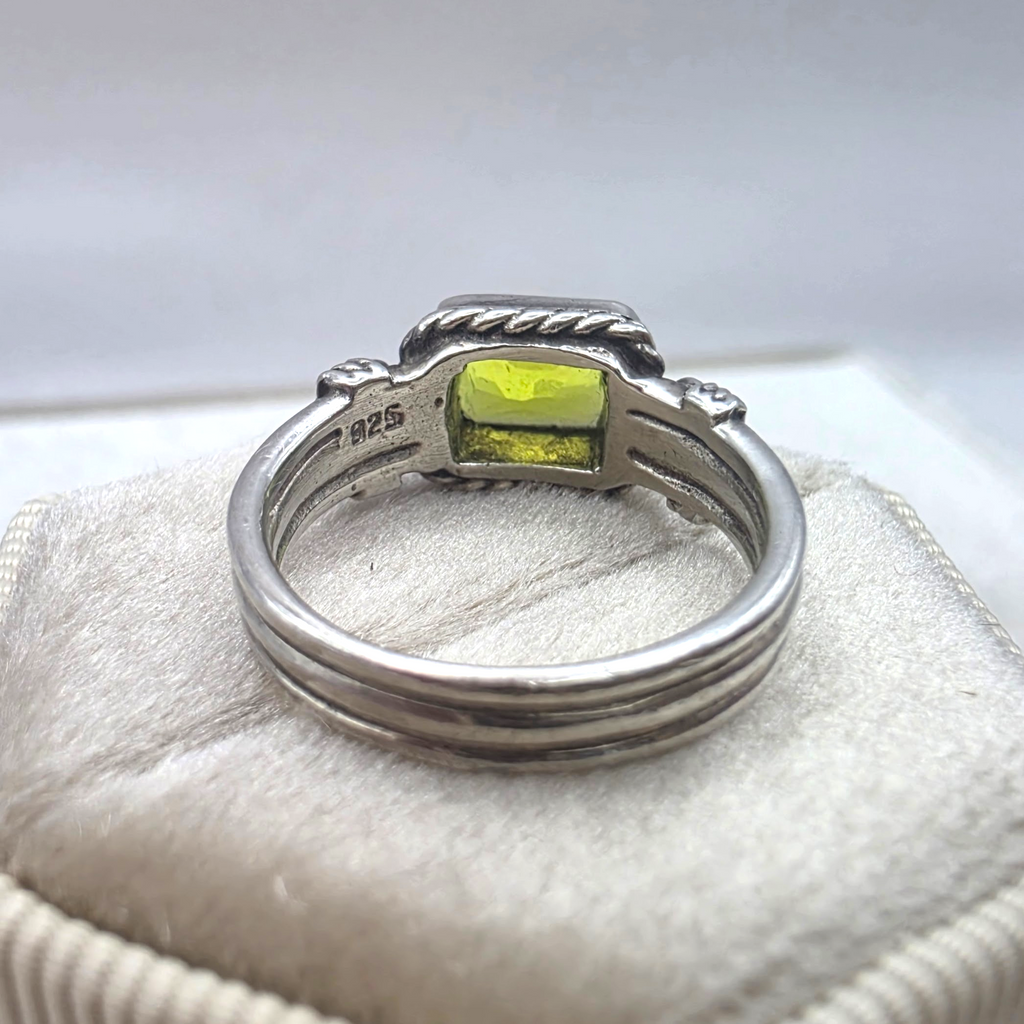 Vintage Sterling Silver Peridot Ring Emerald Cut Green Stone Ring Size 5