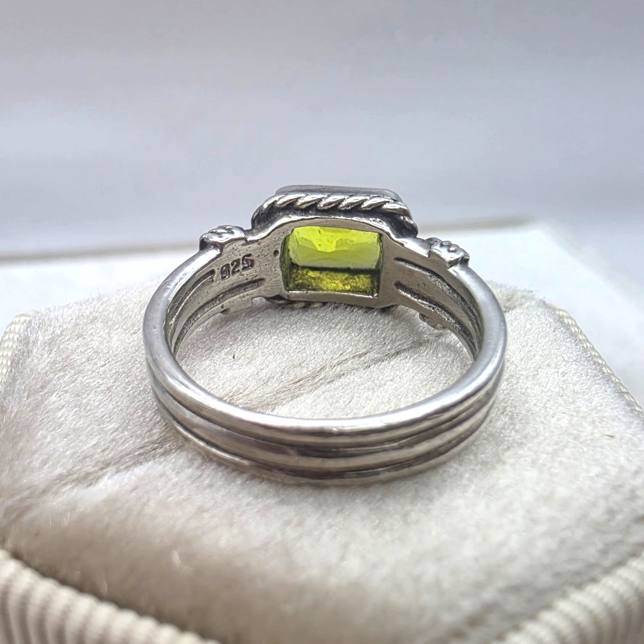 Vintage Sterling Silver Peridot Ring Emerald Cut Green Stone Ring Size 5