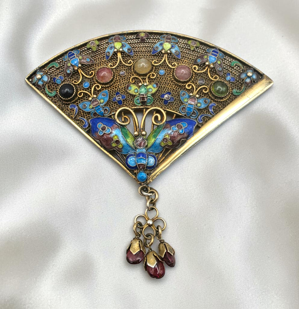 Vintage Chinese Sterling Vermeil Cloisonné Fan Brooch with Butterflies & Rubies