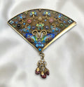 Vintage Chinese Sterling Vermeil Cloisonné Fan Brooch with Butterflies & Rubies