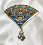 Vintage Chinese Sterling Vermeil Cloisonné Fan Brooch with Butterflies & Rubies