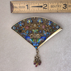 Vintage Chinese Sterling Vermeil Cloisonné Fan Brooch with Butterflies & Rubies