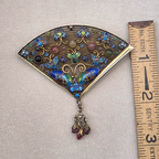 Vintage Chinese Sterling Vermeil Cloisonné Fan Brooch with Butterflies & Rubies