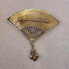 Vintage Chinese Sterling Vermeil Cloisonné Fan Brooch with Butterflies & Rubies