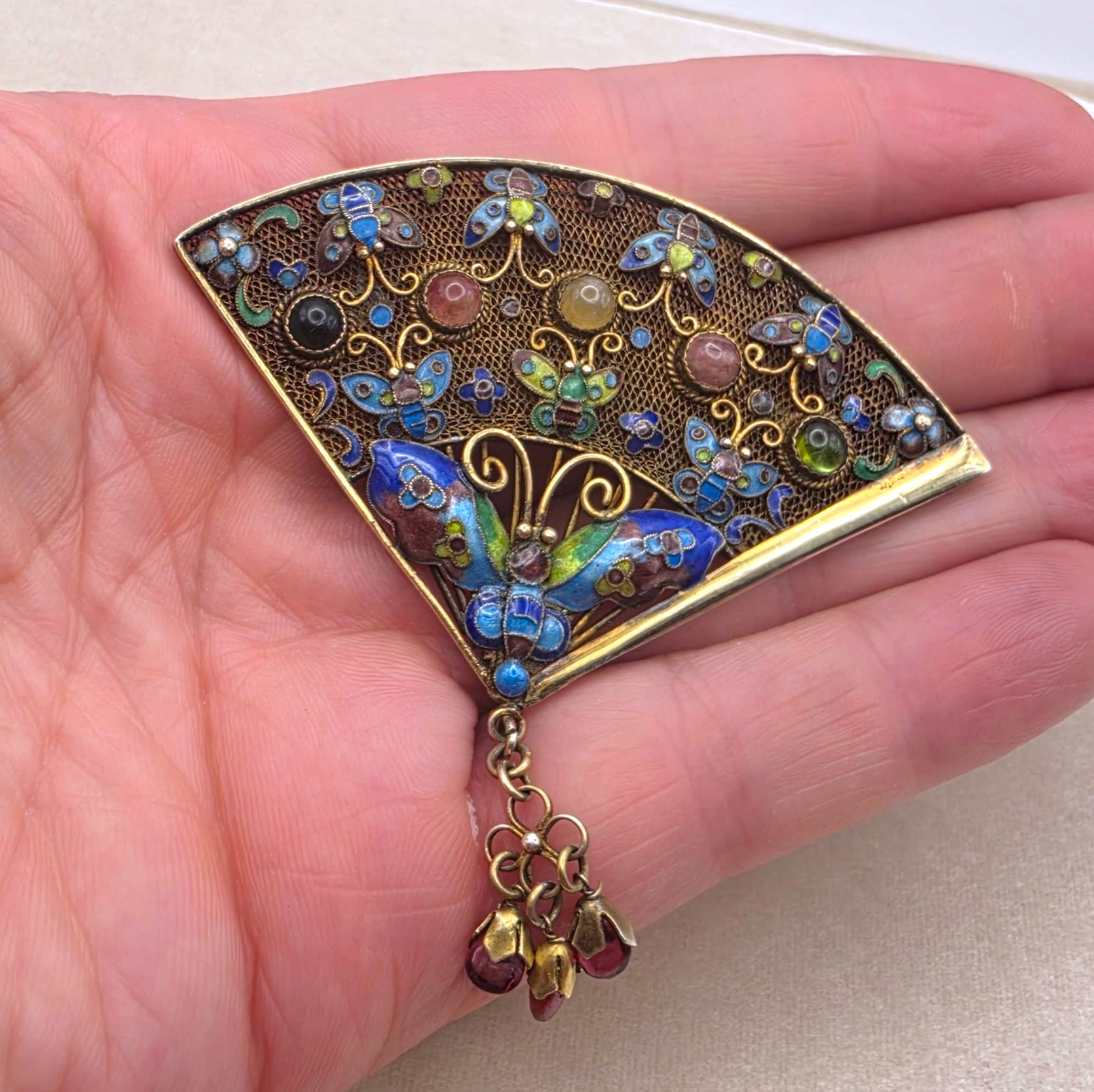 Vintage Chinese Sterling Vermeil Cloisonné Fan Brooch with Butterflies & Rubies