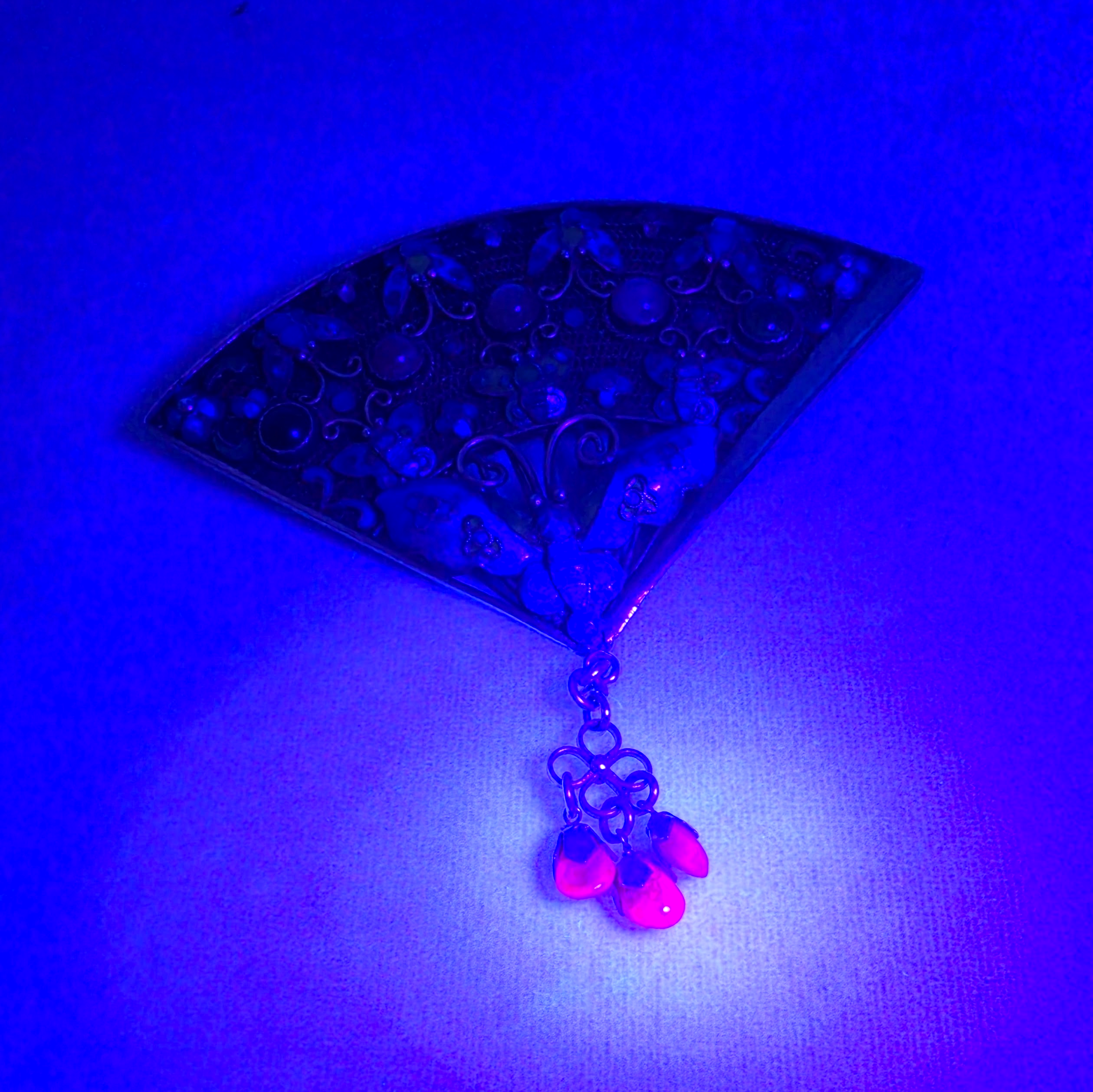 Vintage Chinese Sterling Vermeil Cloisonné Fan Brooch with Butterflies & Rubies