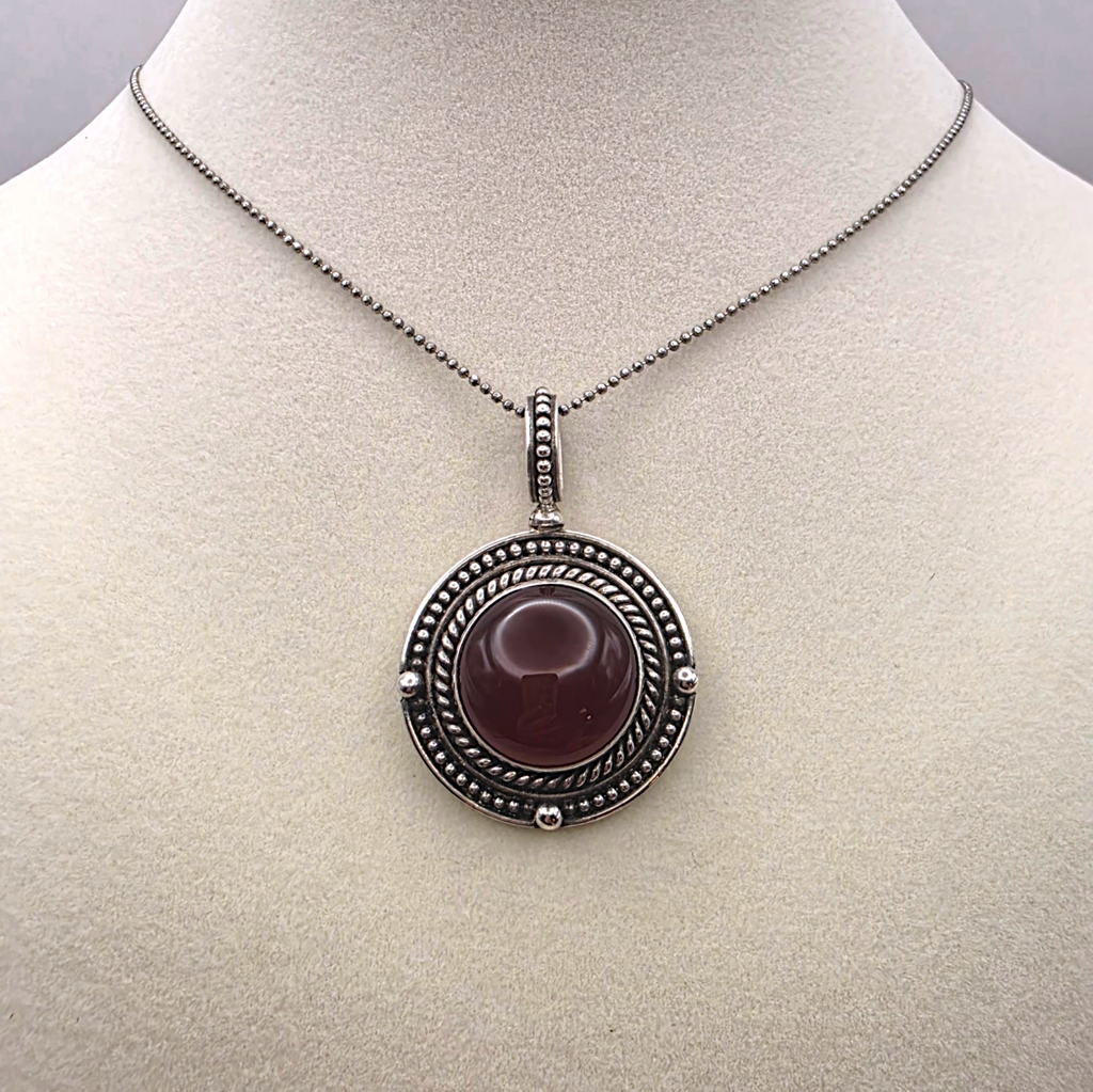 Vintage Bali Sterling Silver Carnelian Cabochon Pendant Necklace 925 Indonesia