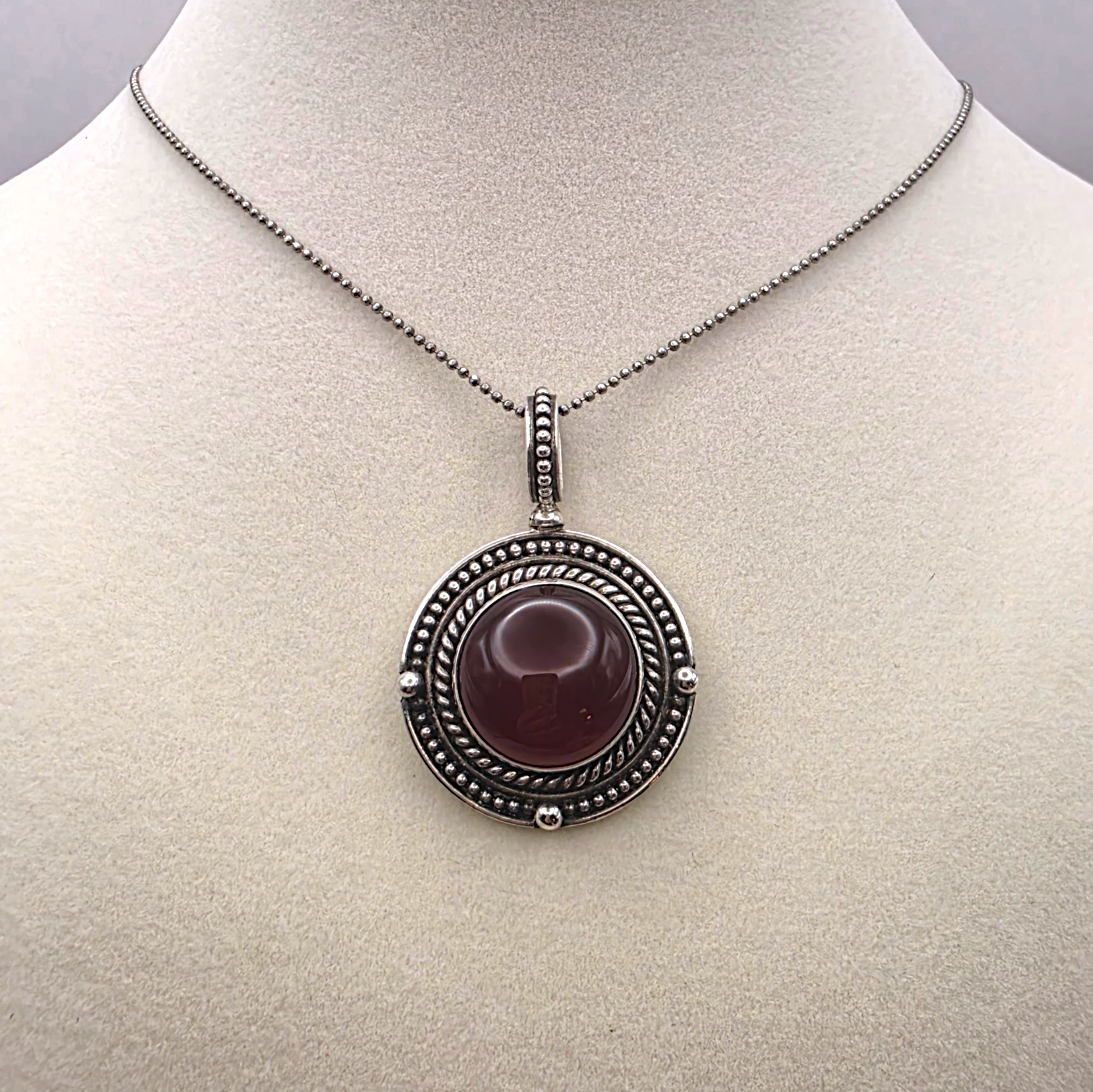 Vintage Bali Sterling Silver Carnelian Cabochon Pendant Necklace 925 Indonesia