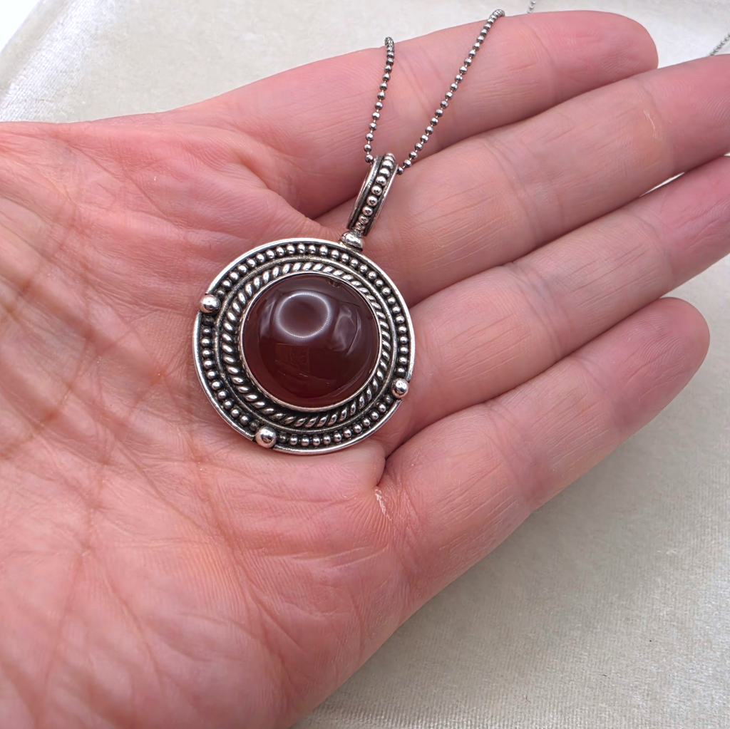 Vintage Bali Sterling Silver Carnelian Cabochon Pendant Necklace 925 Indonesia