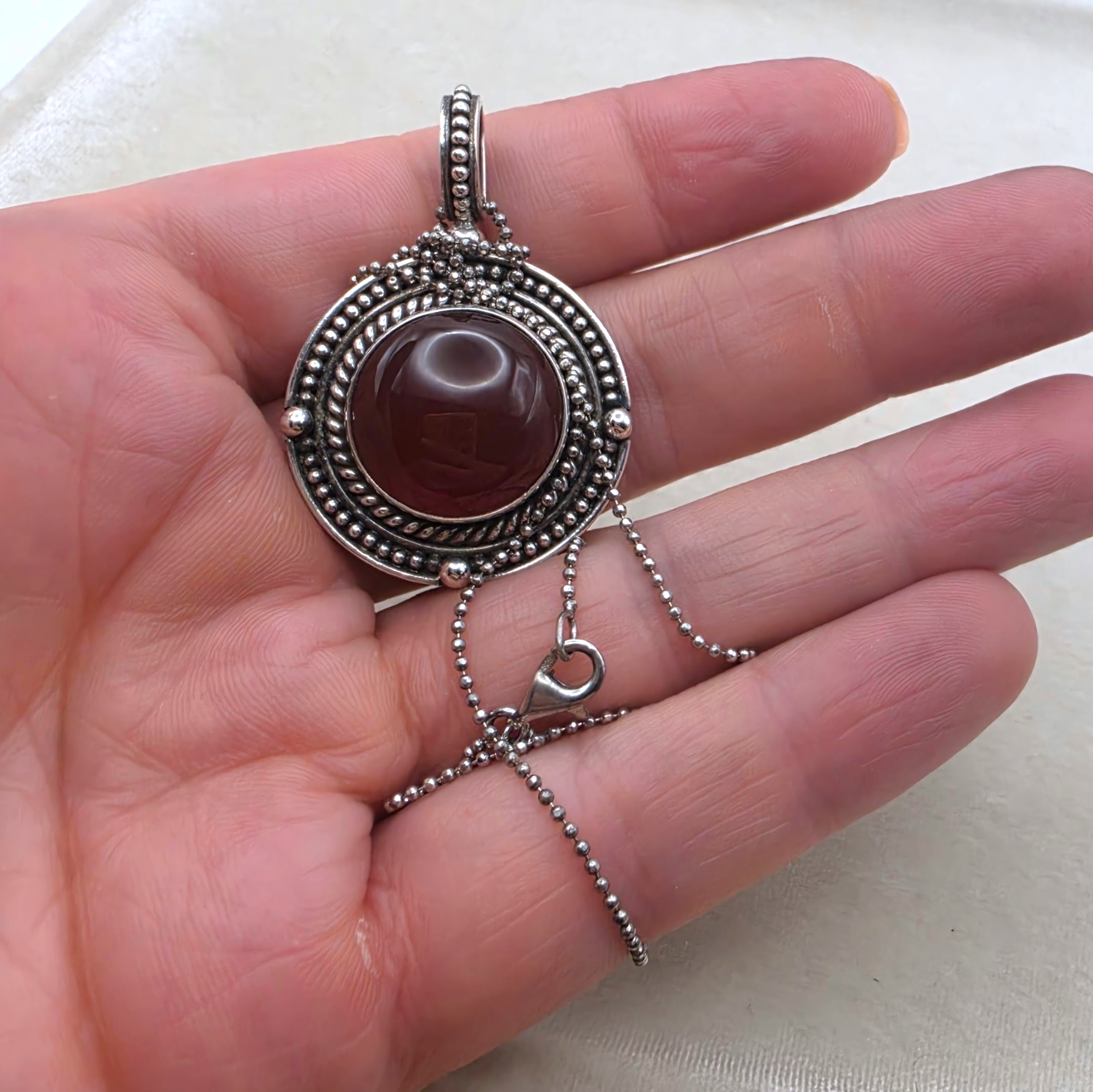 Vintage Bali Sterling Silver Carnelian Cabochon Pendant Necklace 925 Indonesia