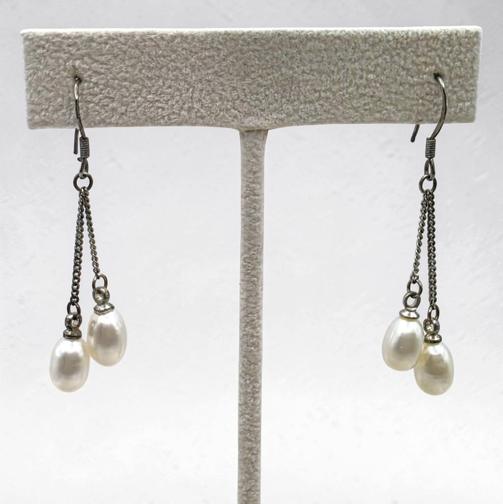 Vintage Sterling Silver Freshwater Pearl Double Drop Dangle Earring