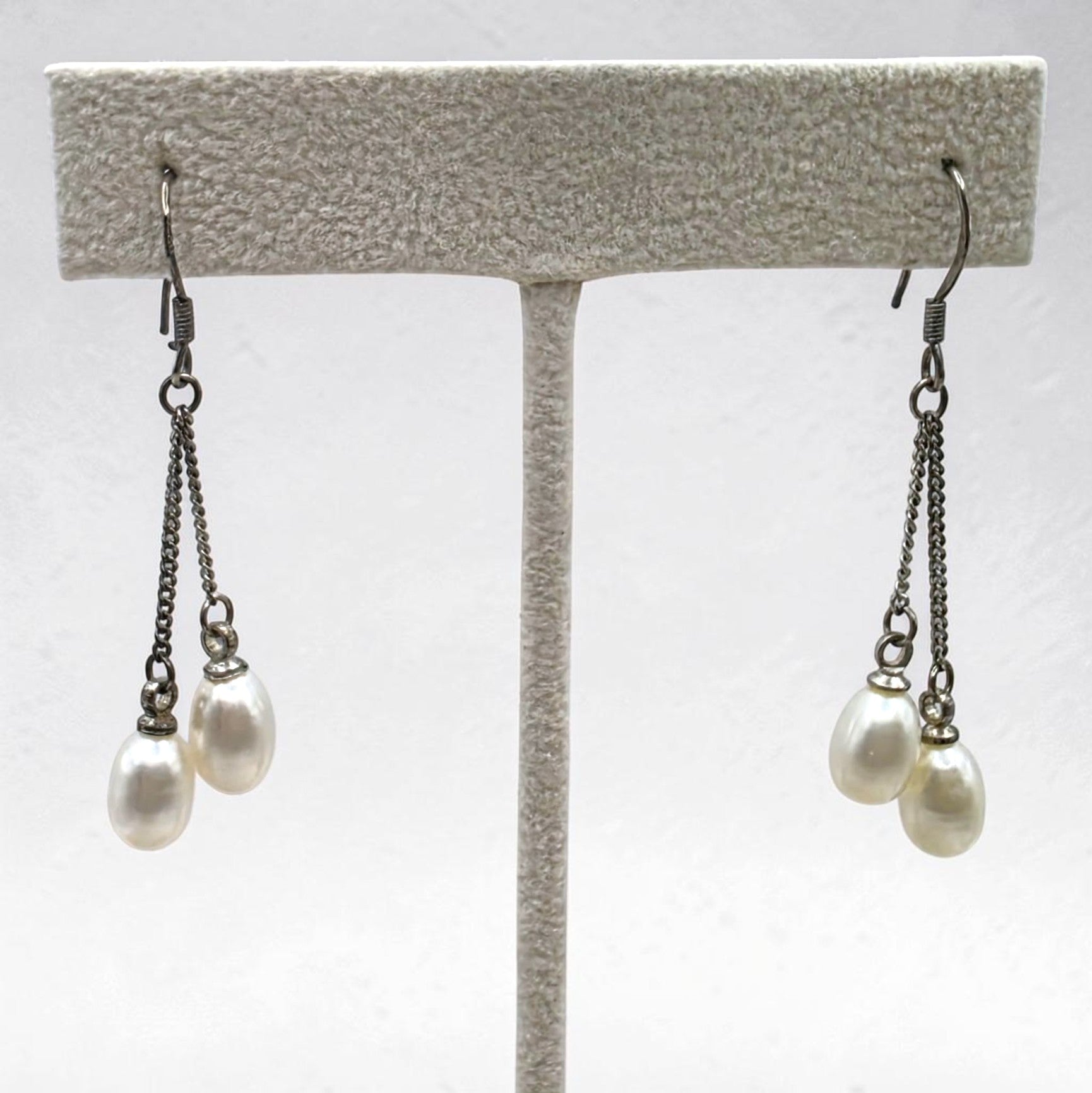 Vintage Sterling Silver Freshwater Pearl Double Drop Dangle Earring