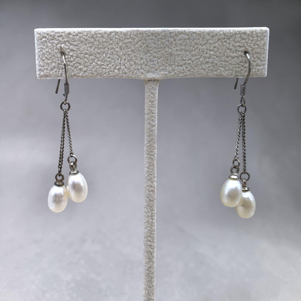 Vintage Sterling Silver Freshwater Pearl Double Drop Dangle Earring
