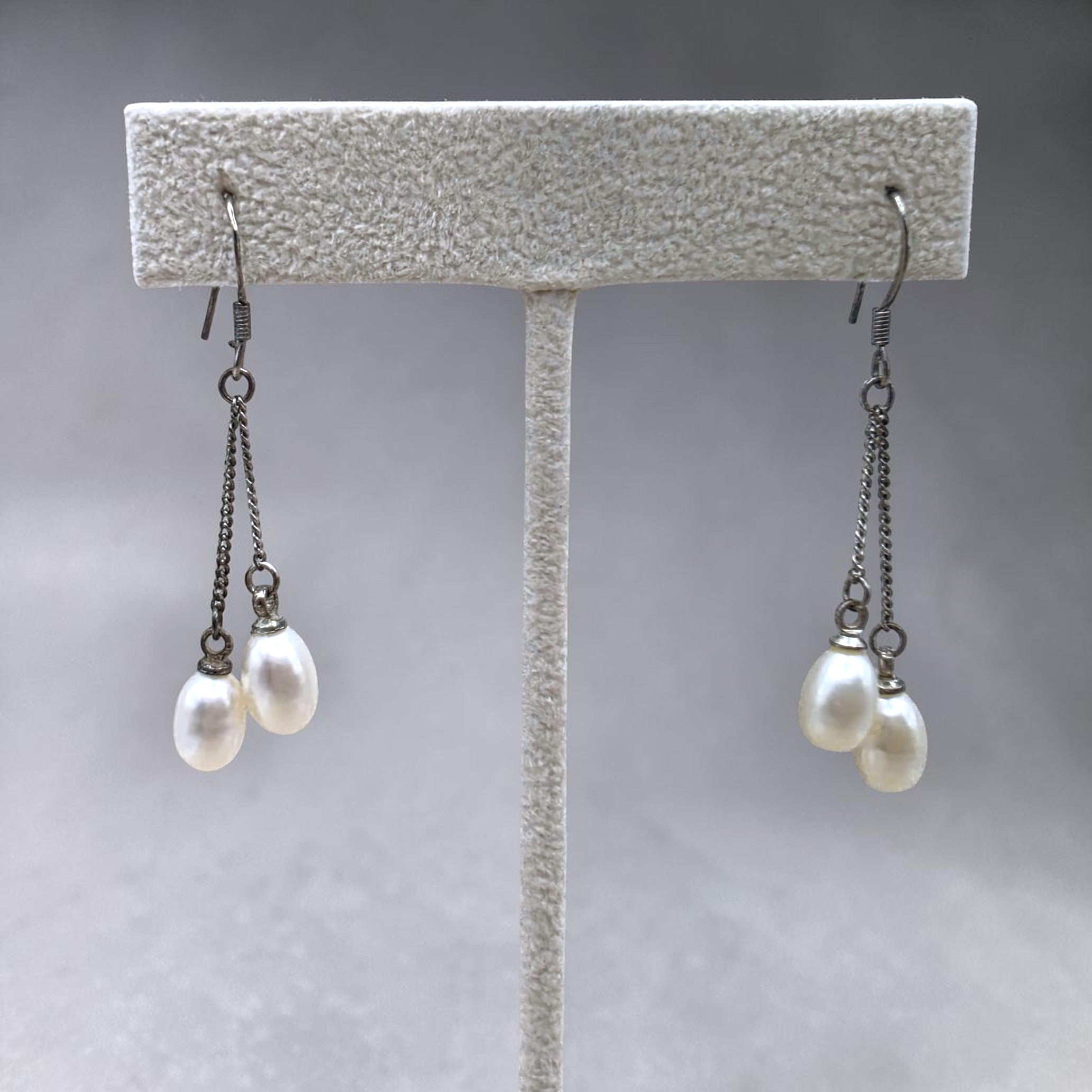Vintage Sterling Silver Freshwater Pearl Double Drop Dangle Earring