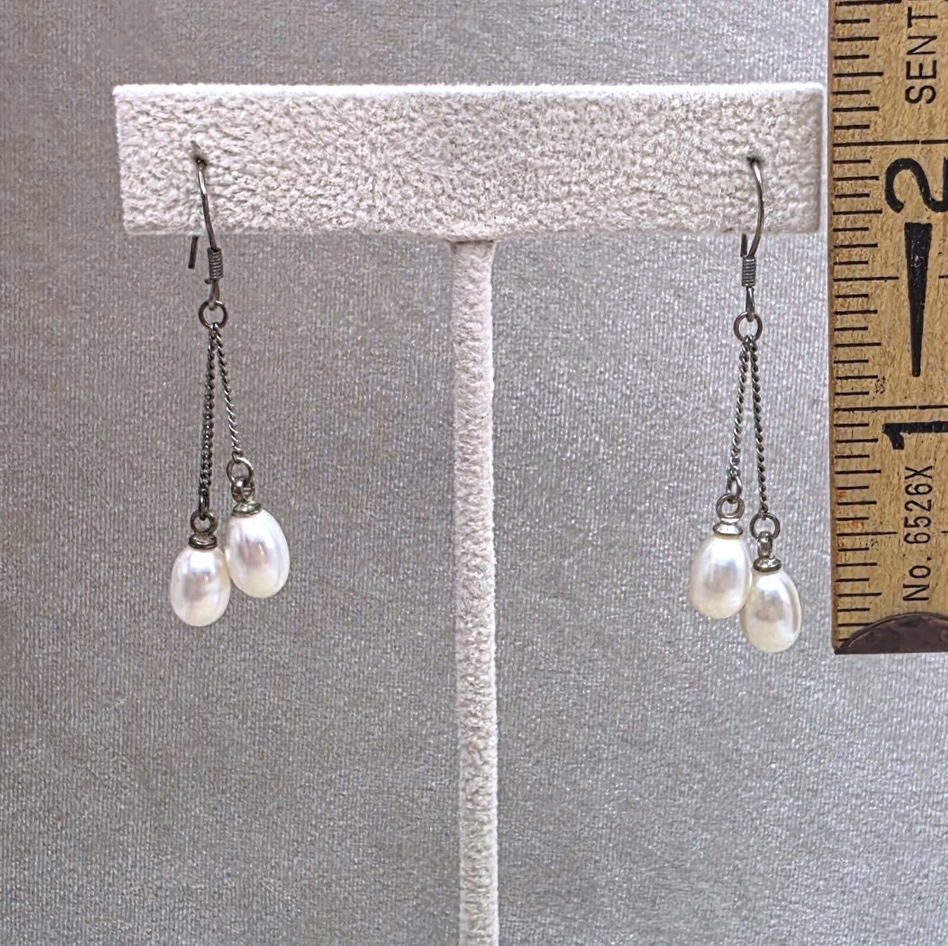 Vintage Sterling Silver Freshwater Pearl Double Drop Dangle Earring