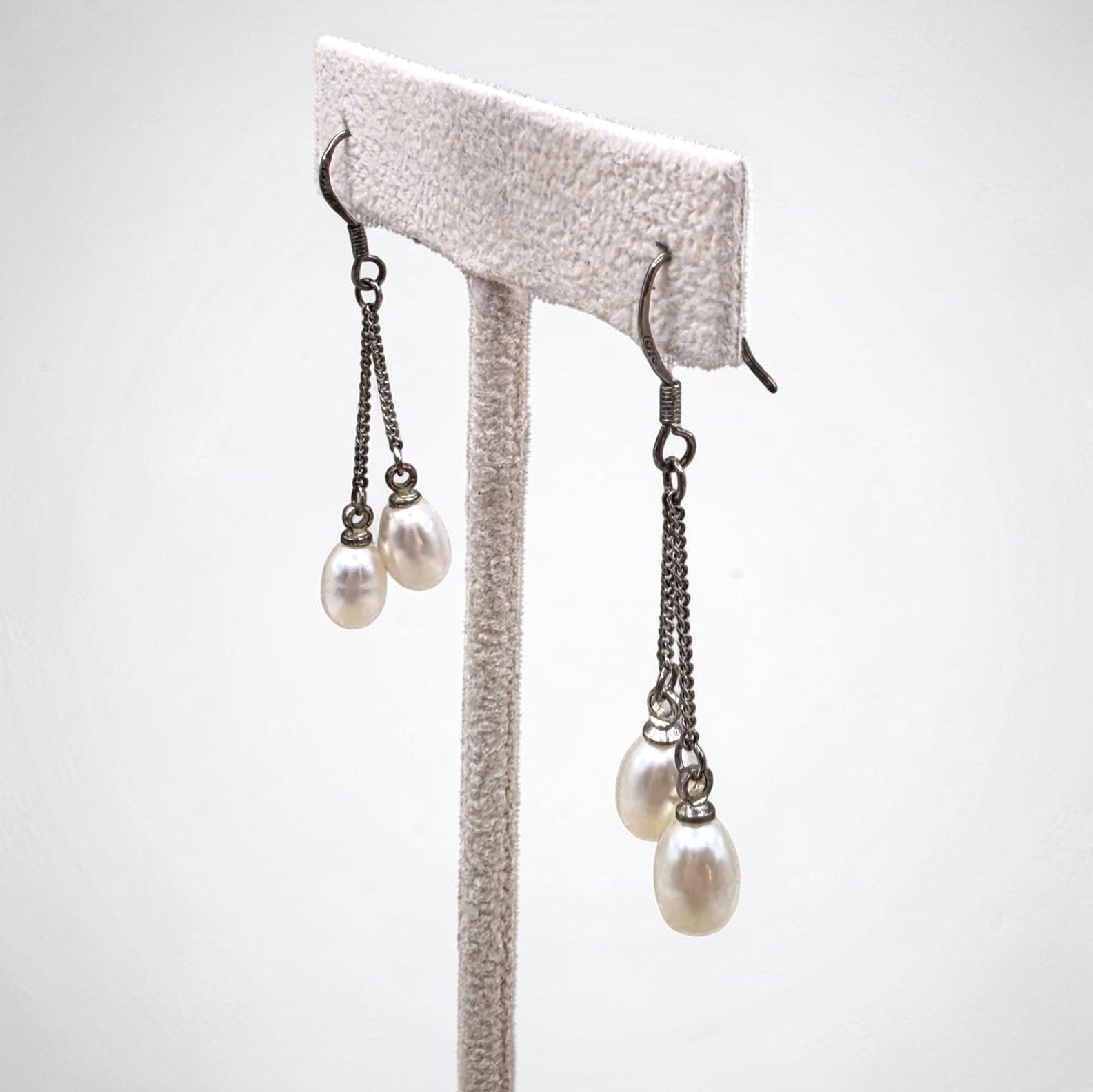 Vintage Sterling Silver Freshwater Pearl Double Drop Dangle Earring