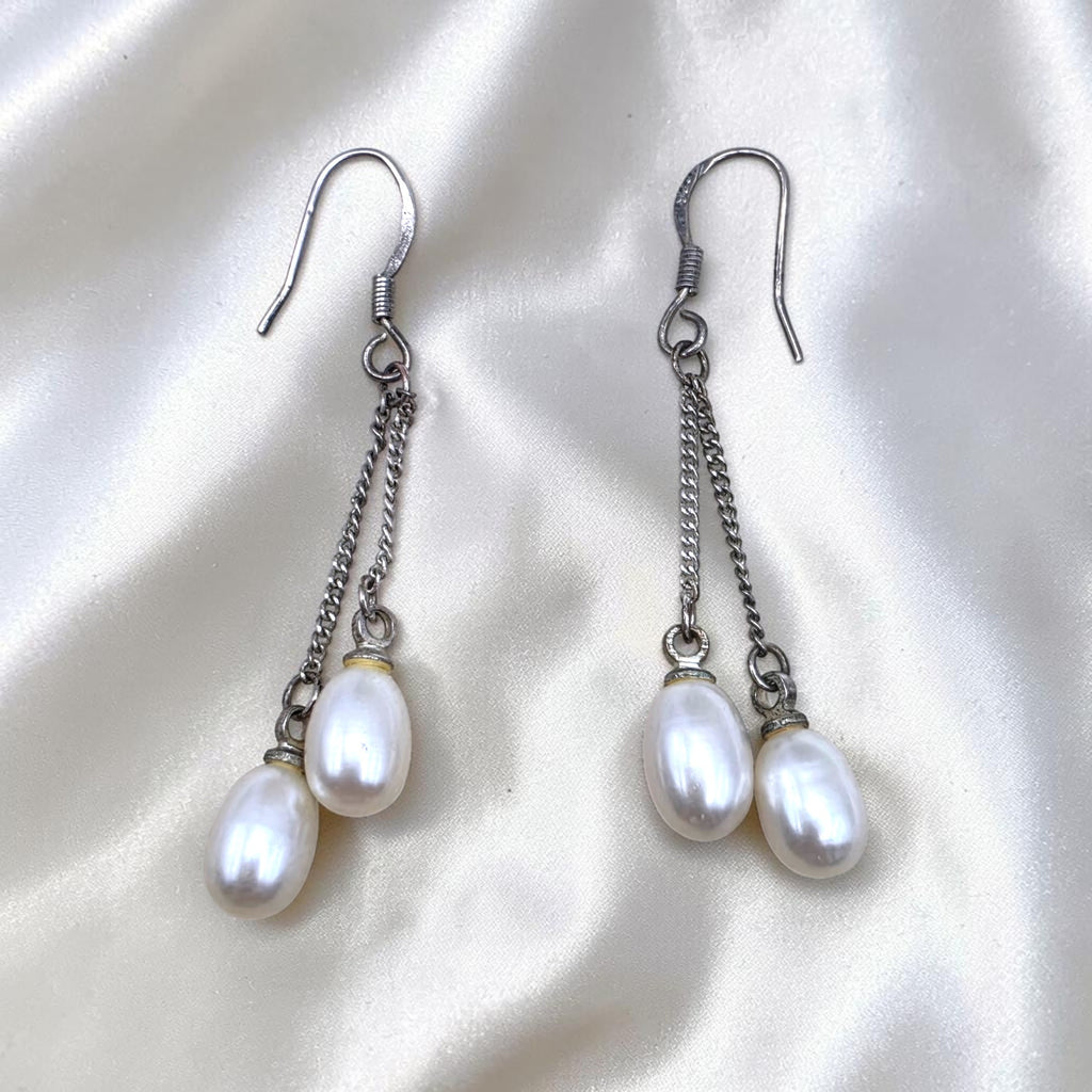 Vintage Sterling Silver Freshwater Pearl Double Drop Dangle Earring