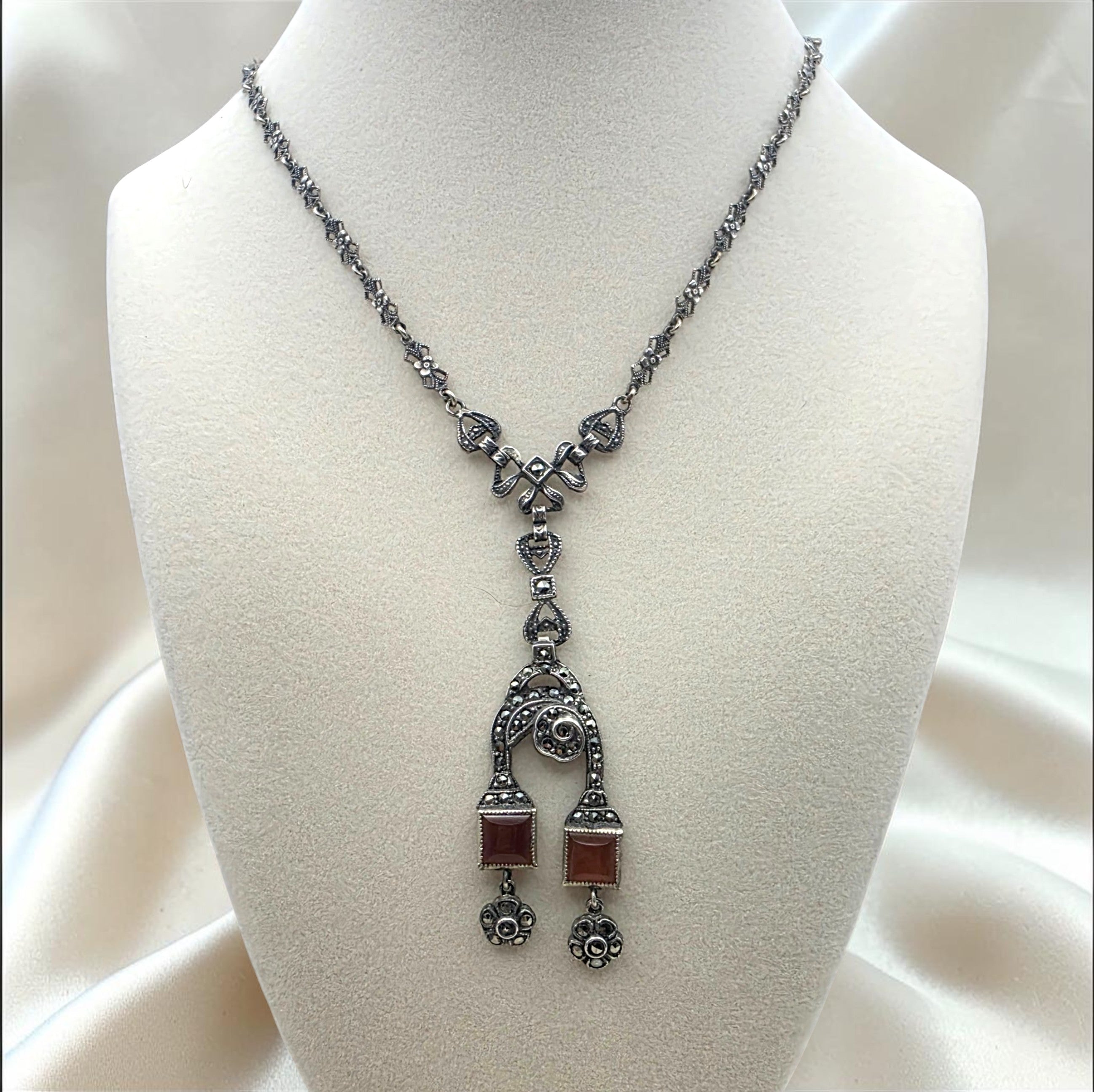 Art Deco Sterling Silver Marcasite Carnelian Drop Necklace Floral Link