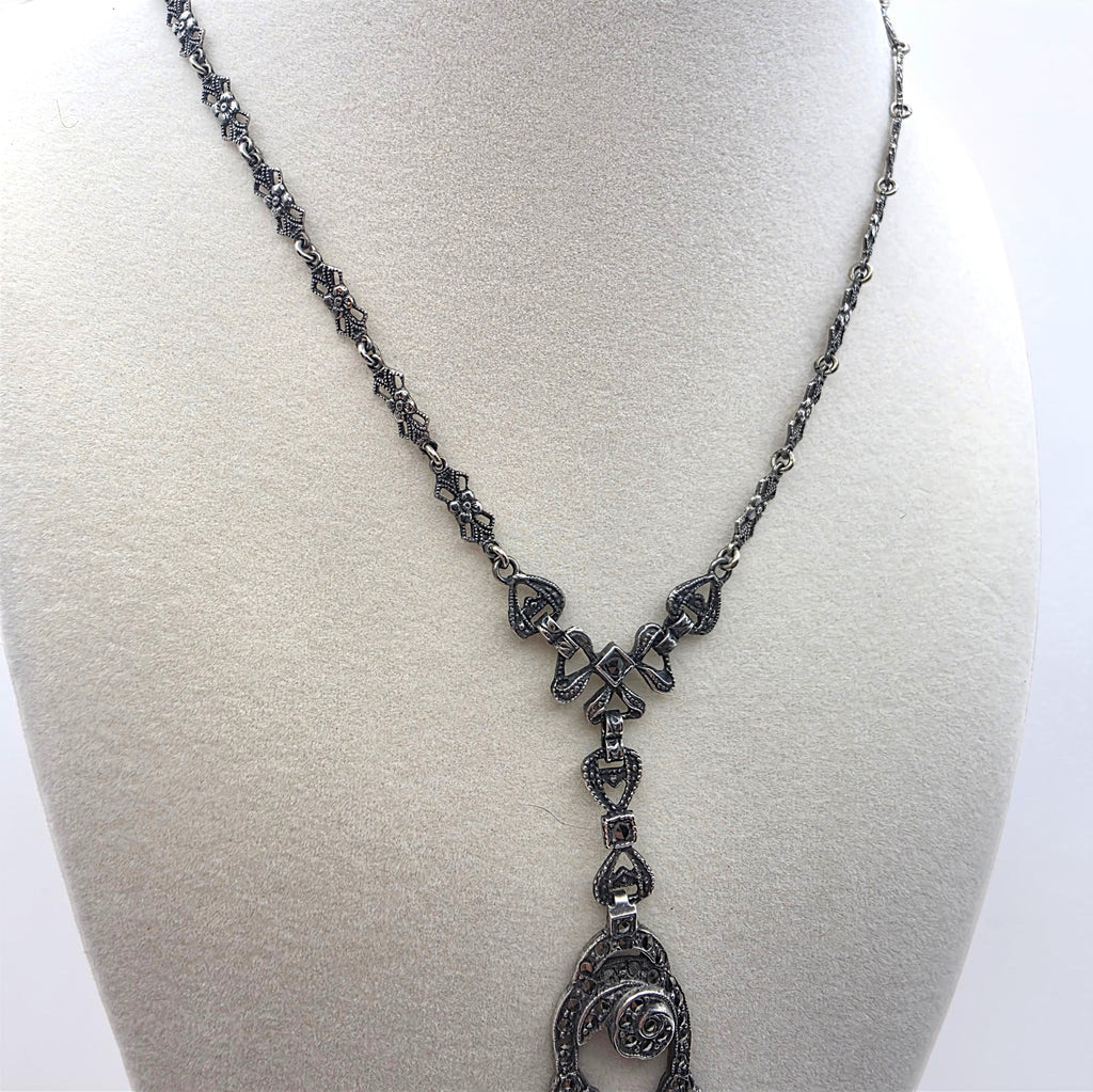 Art Deco Sterling Silver Marcasite Carnelian Drop Necklace Floral Link