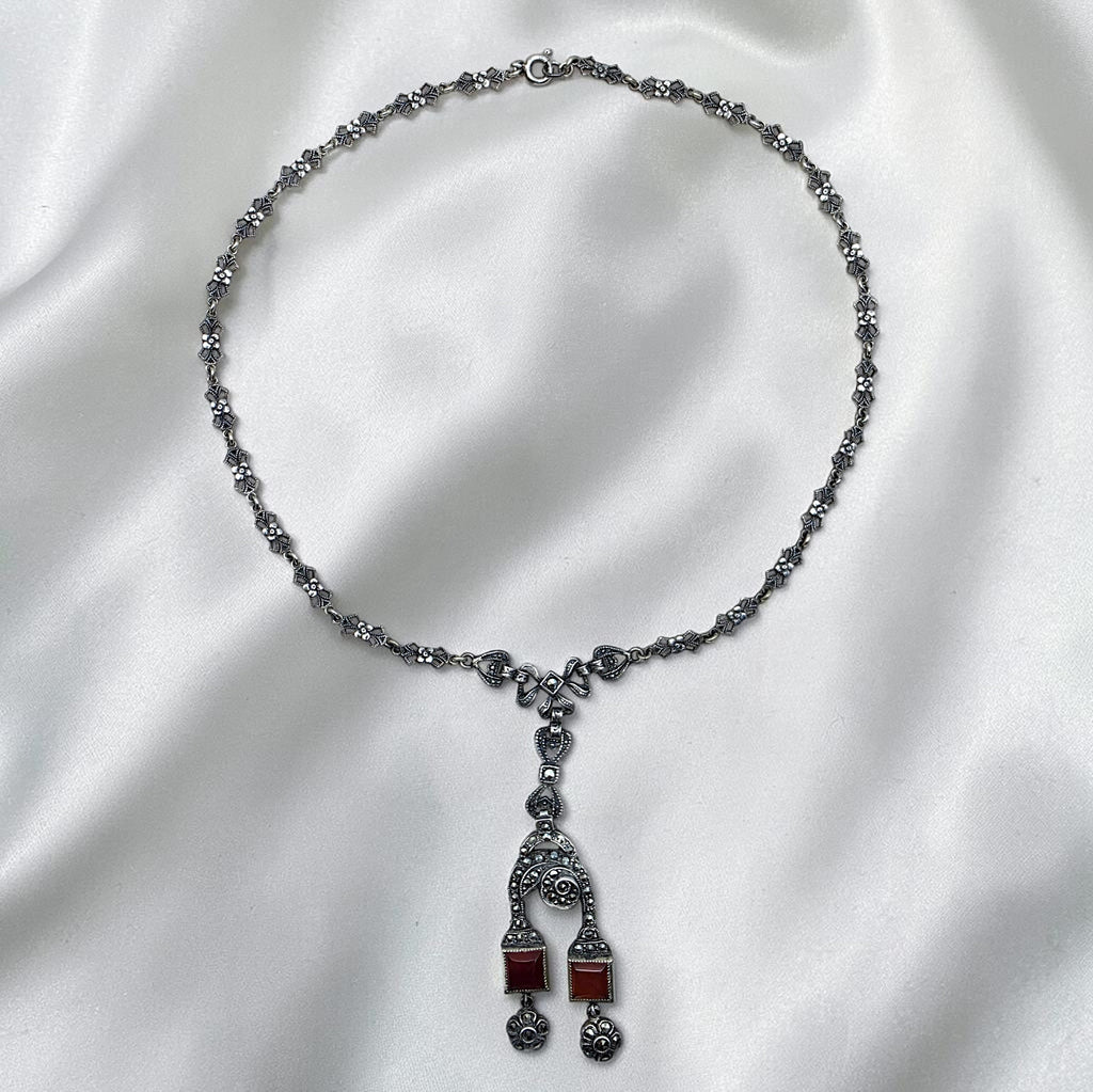 Art Deco Sterling Silver Marcasite Carnelian Drop Necklace Floral Link