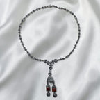 Art Deco Sterling Silver Marcasite Carnelian Drop Necklace Floral Link