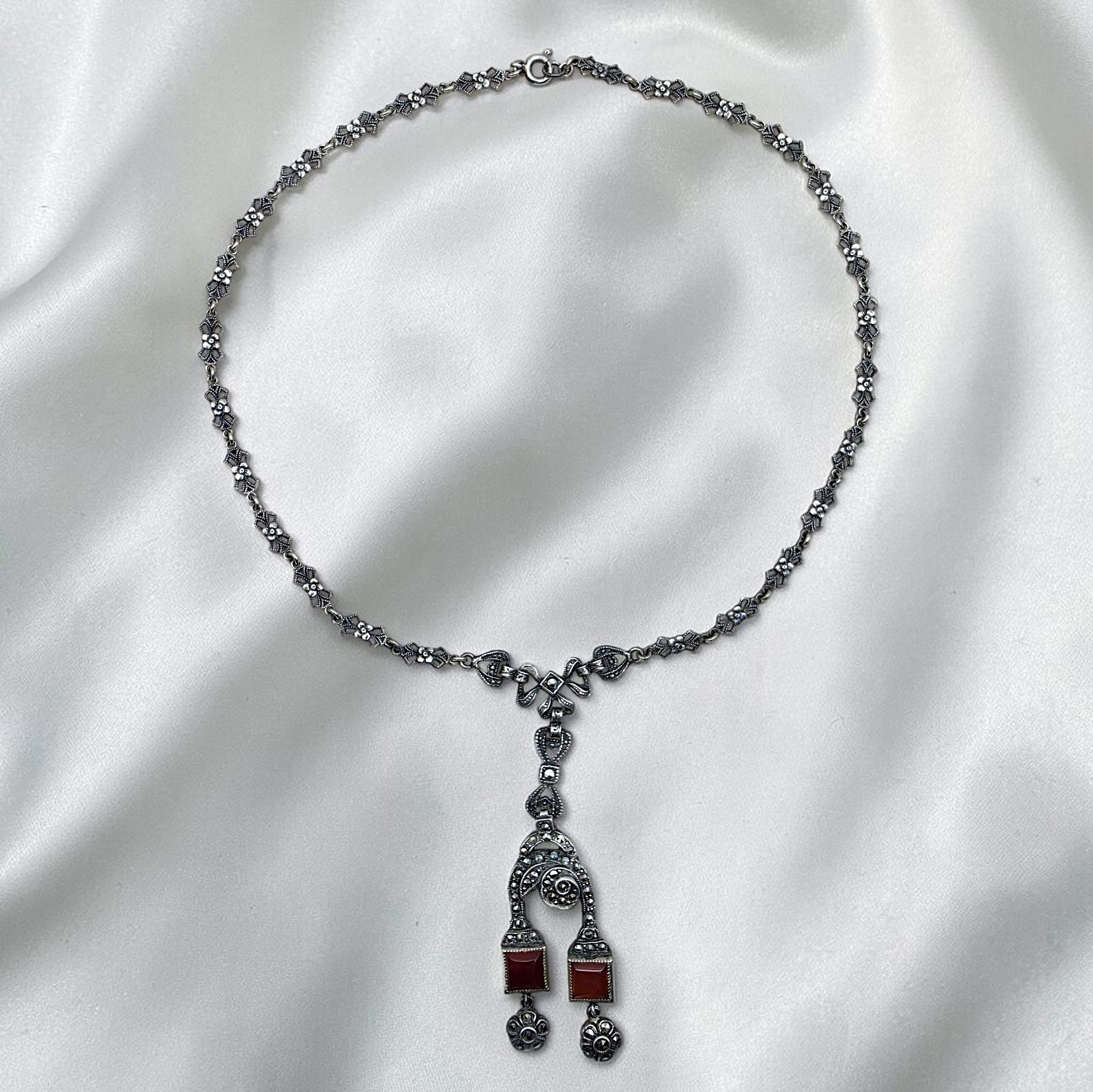 Art Deco Sterling Silver Marcasite Carnelian Drop Necklace Floral Link