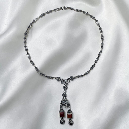 Art Deco Sterling Silver Marcasite Carnelian Drop Necklace Floral Link